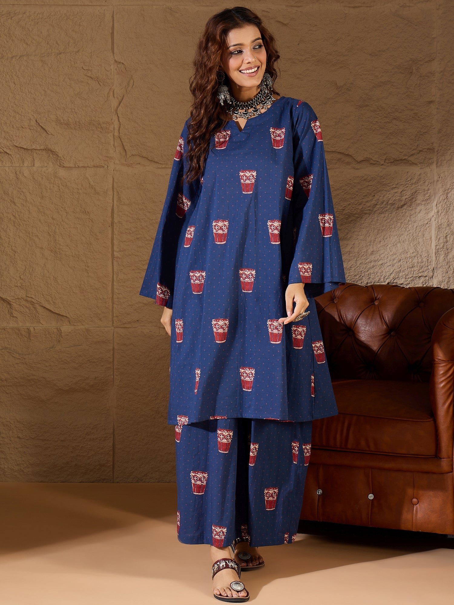 Blue Glass Print Long Sleeve Kurta Set