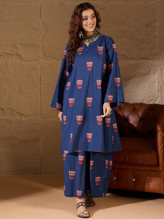 Blue Glass Print Long Sleeve Kurta Set