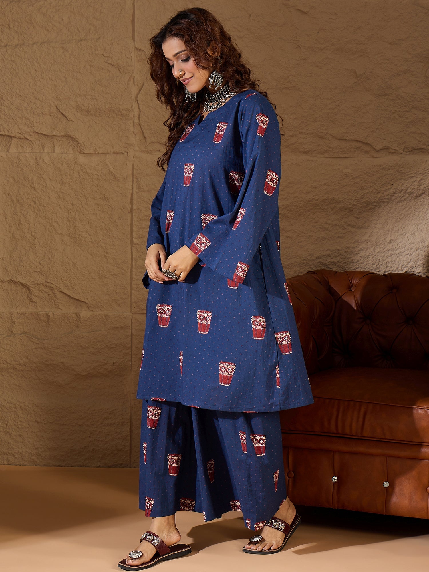 Blue Glass Print Long Sleeve Kurta Set