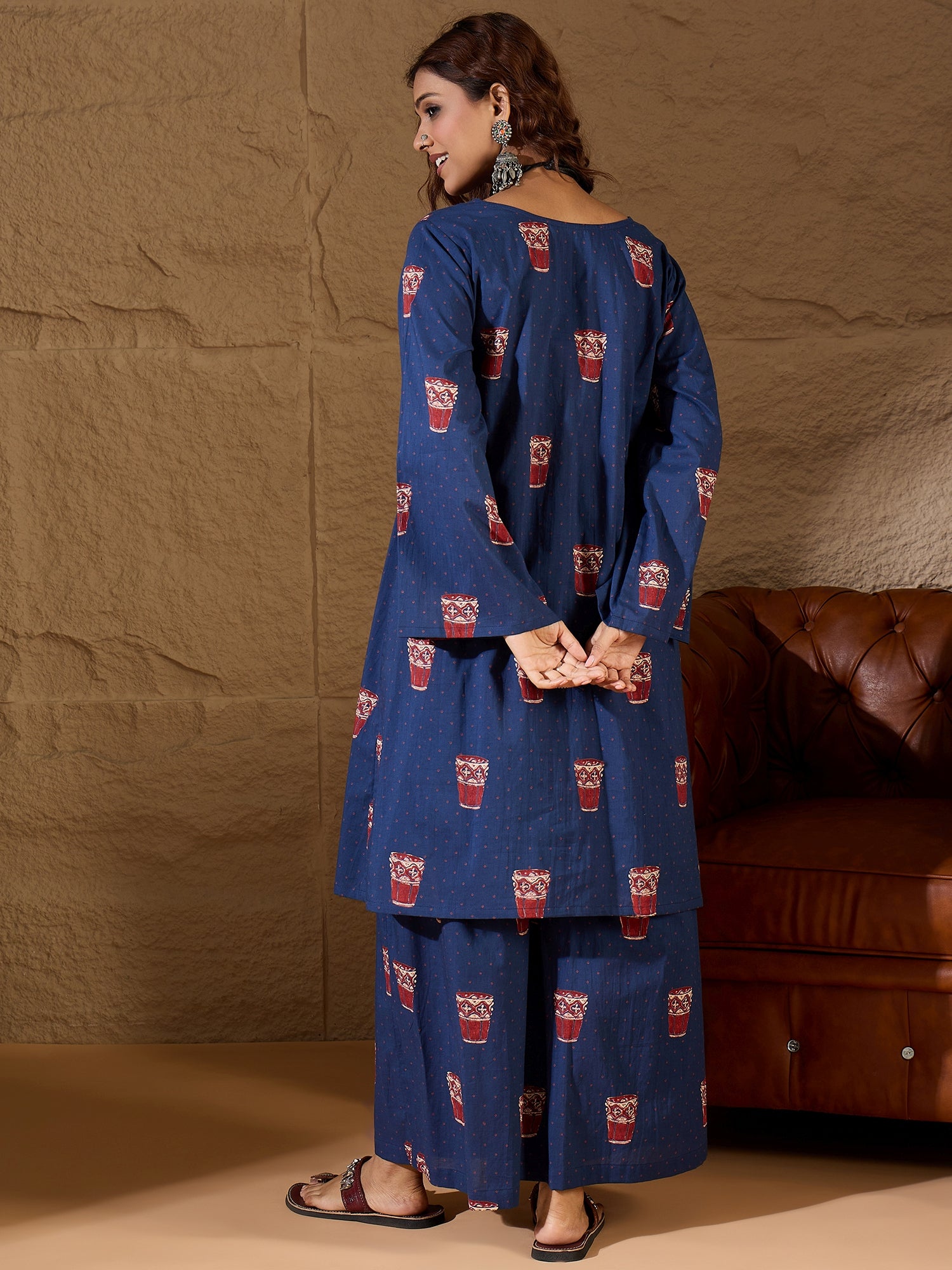 Blue Glass Print Long Sleeve Kurta Set