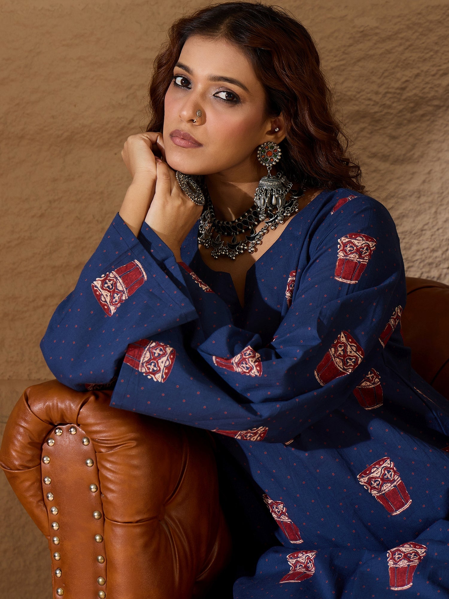 Blue Glass Print Long Sleeve Kurta Set