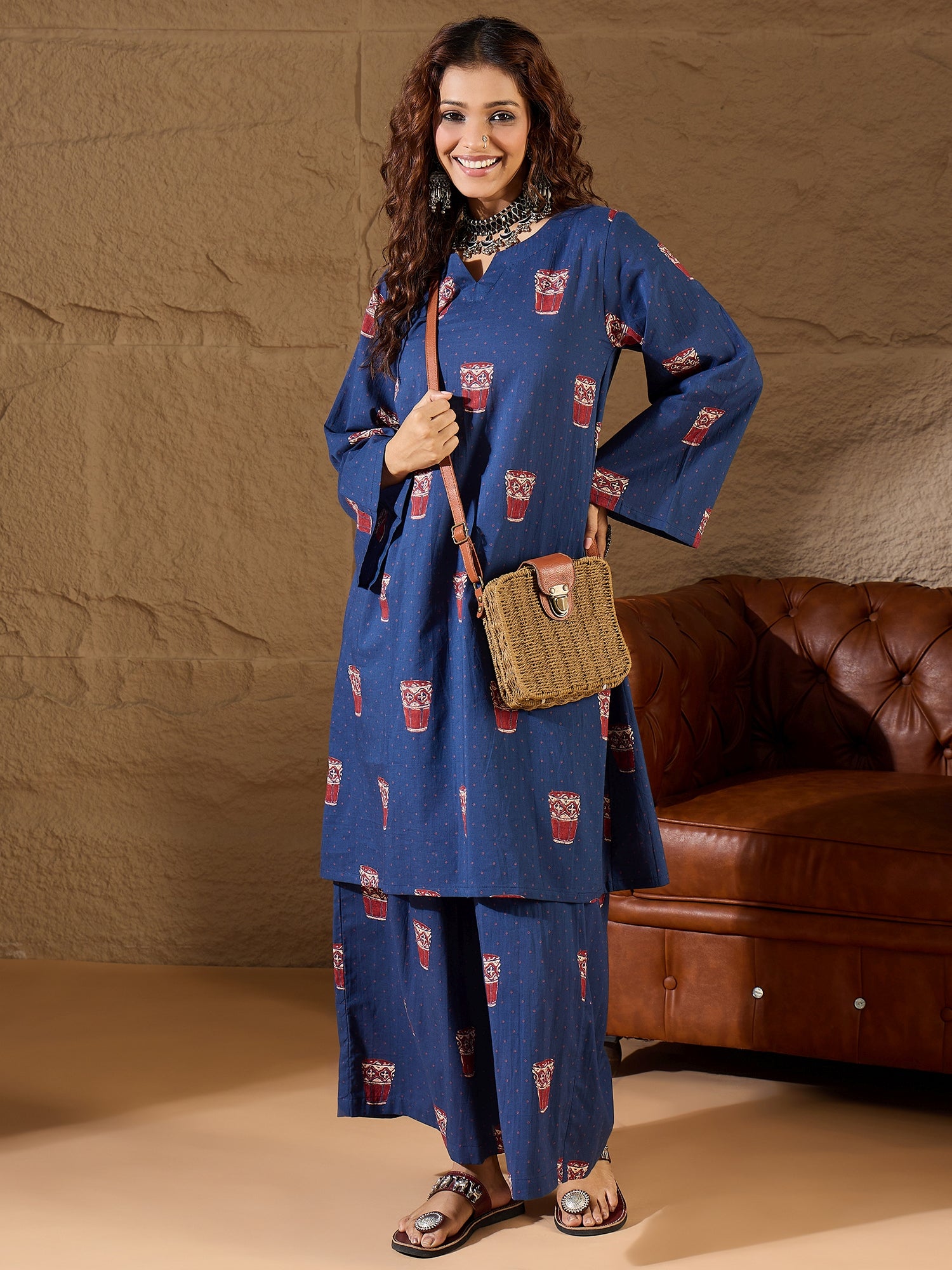 Blue Glass Print Long Sleeve Kurta Set
