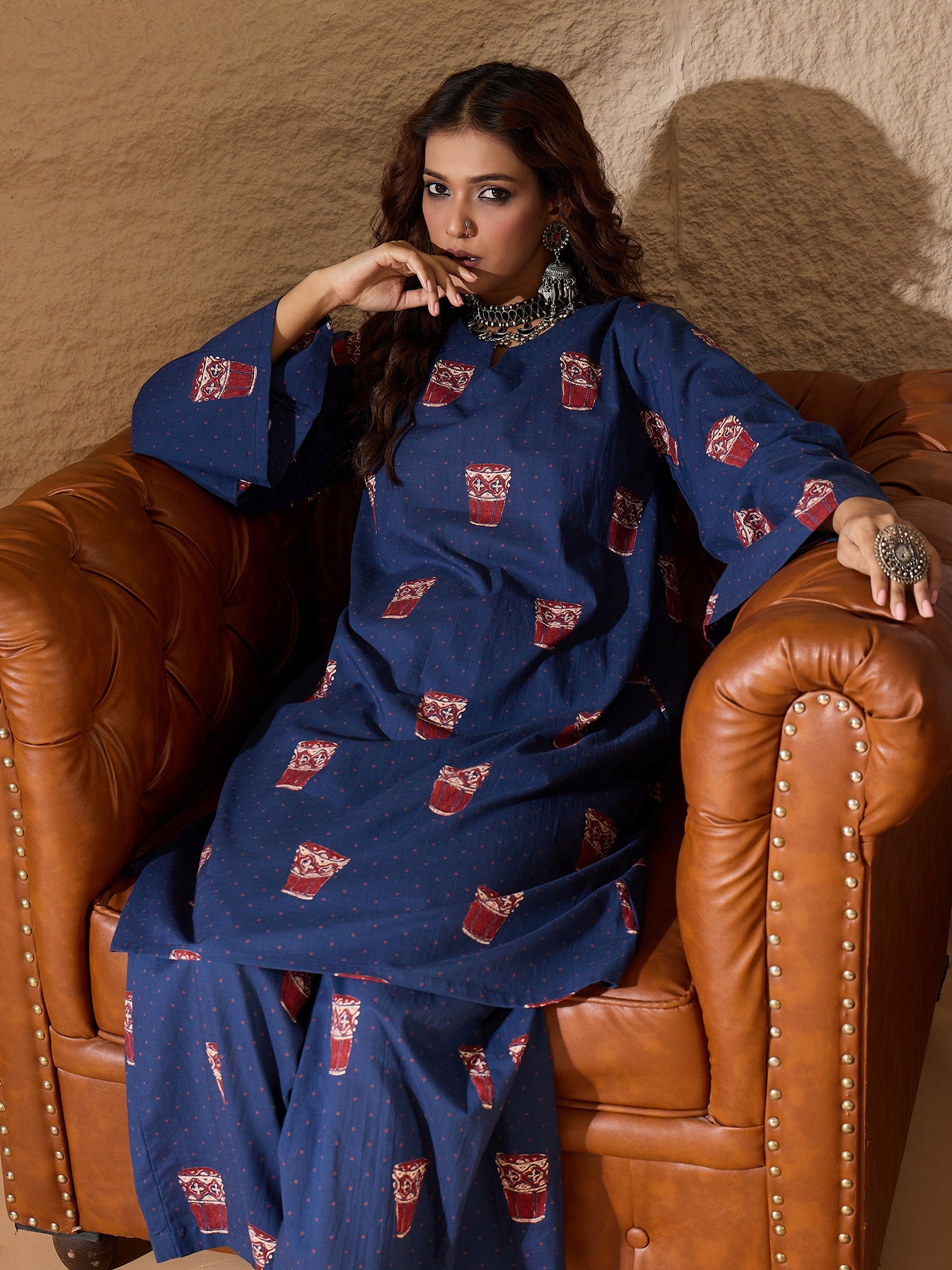 Blue Glass Print Long Sleeve Kurta Set