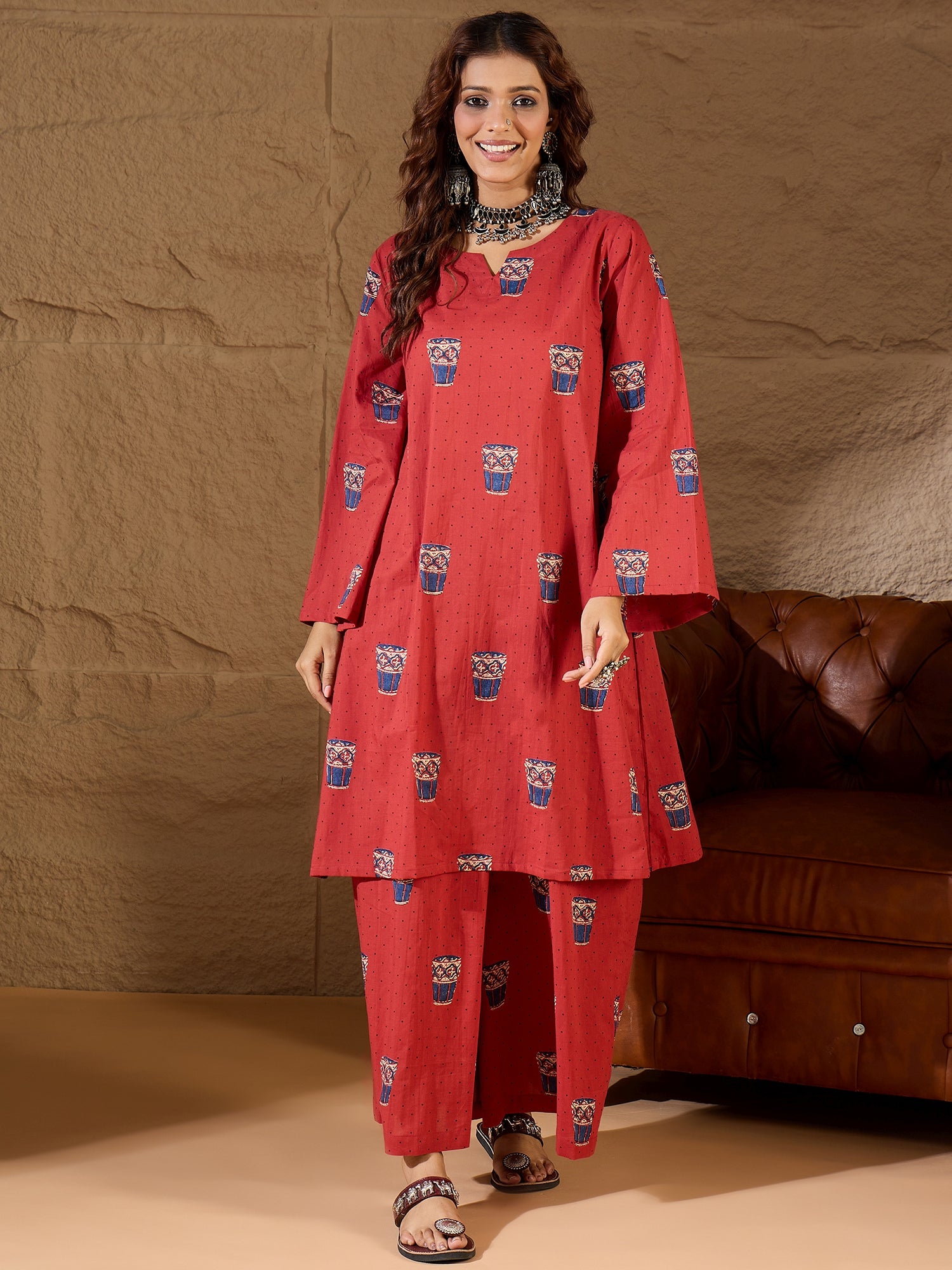 Rust Glass Print Long Sleeve Kurta Set