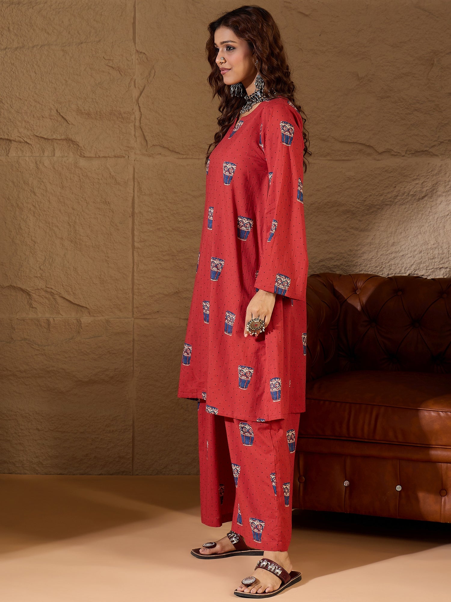 Rust Glass Print Long Sleeve Kurta Set