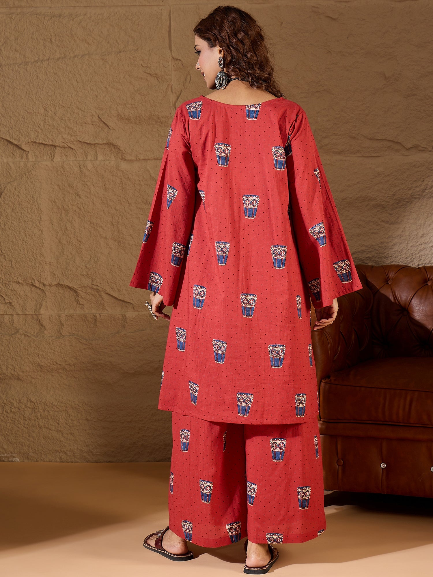 Rust Glass Print Long Sleeve Kurta Set