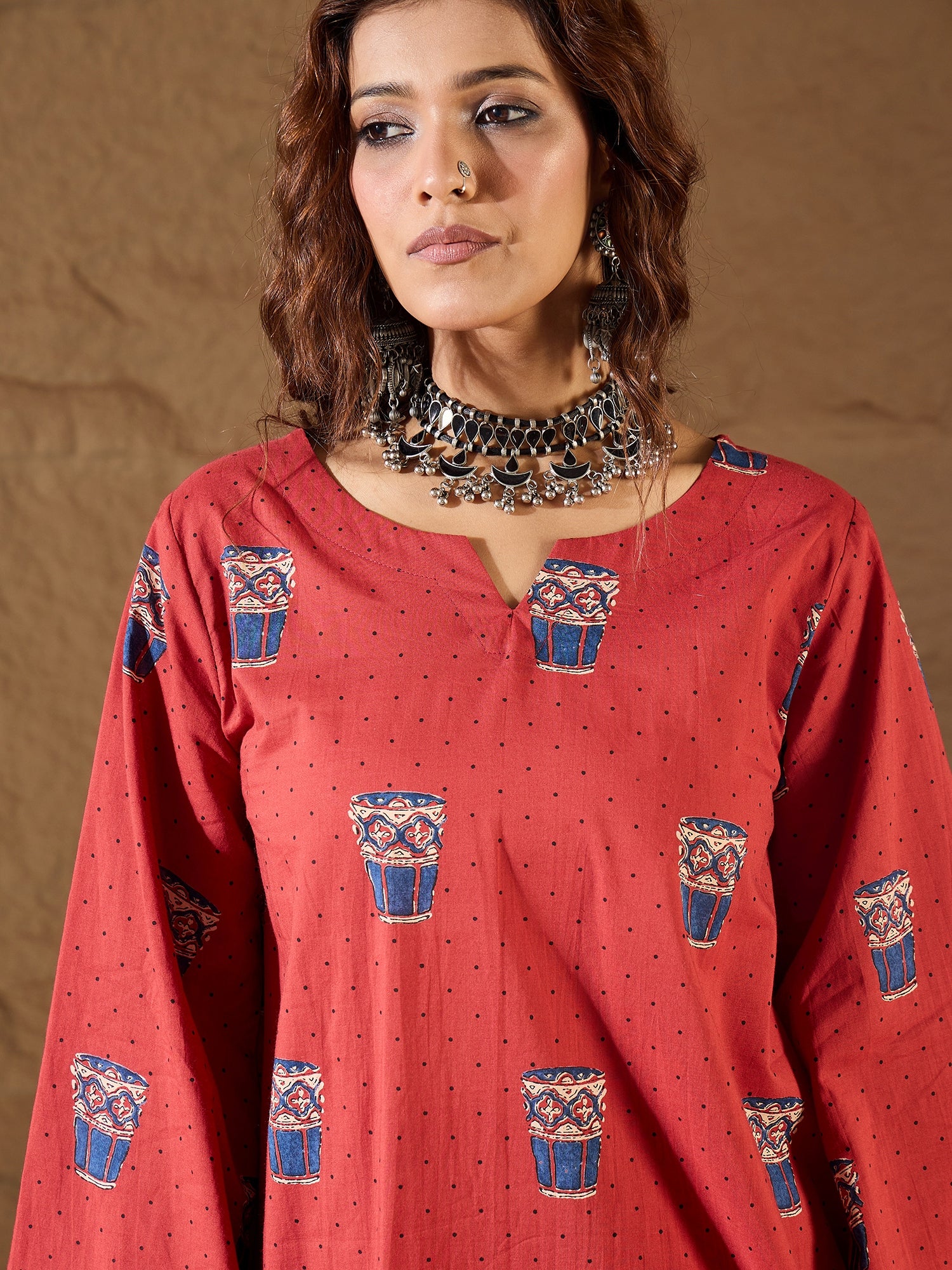 Rust Glass Print Long Sleeve Kurta Set
