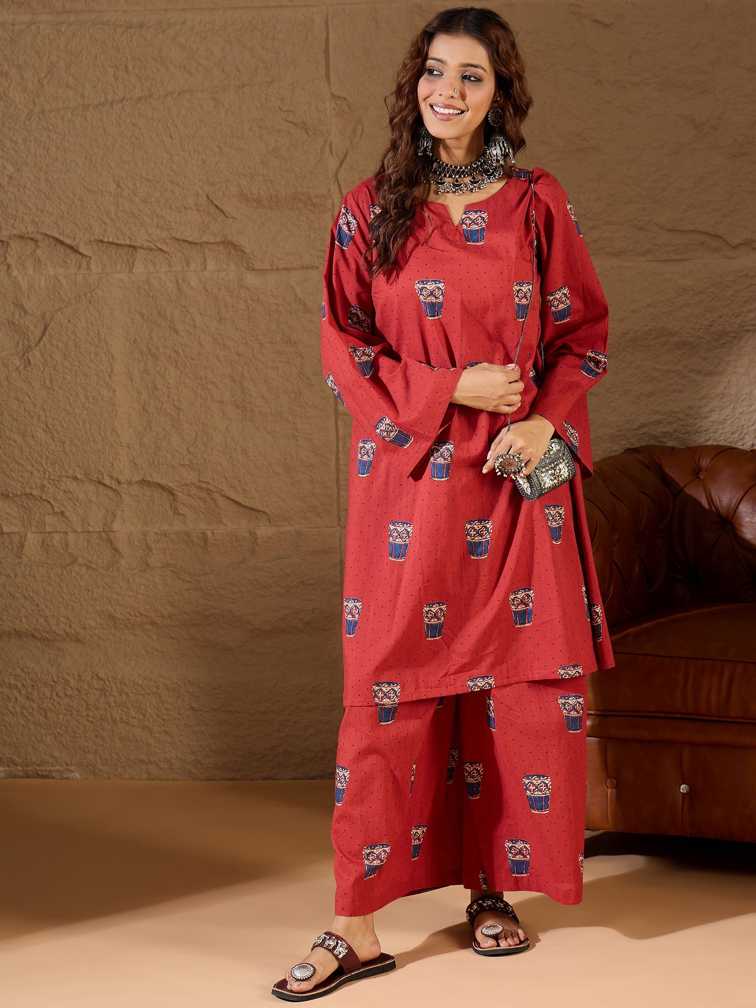 Rust Glass Print Long Sleeve Kurta Set