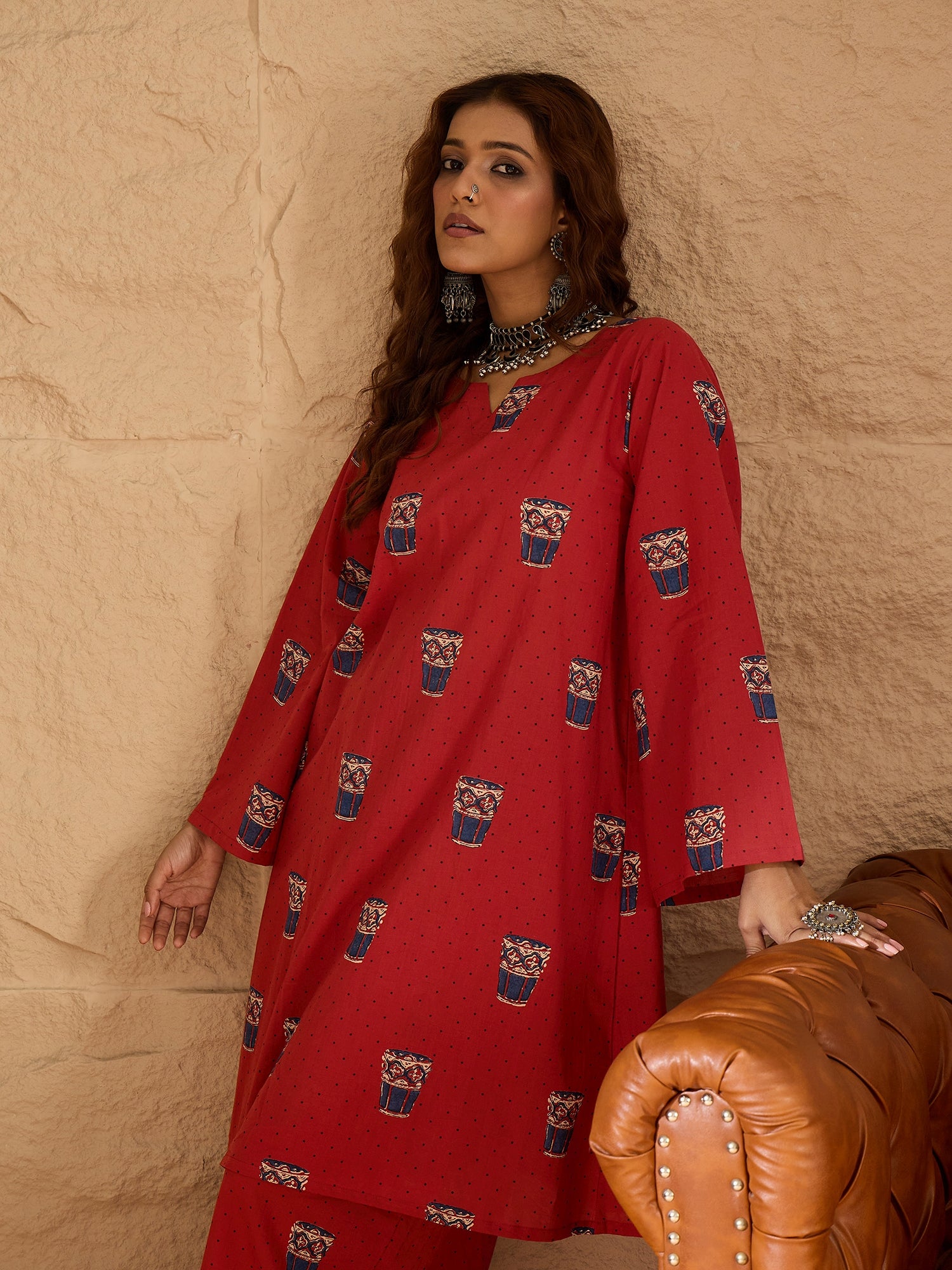 Rust Glass Print Long Sleeve Kurta Set