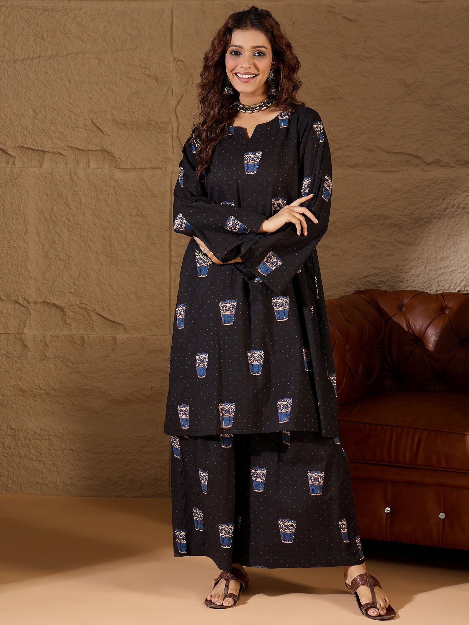 Black Glass Print Long Sleeve Kurta Set