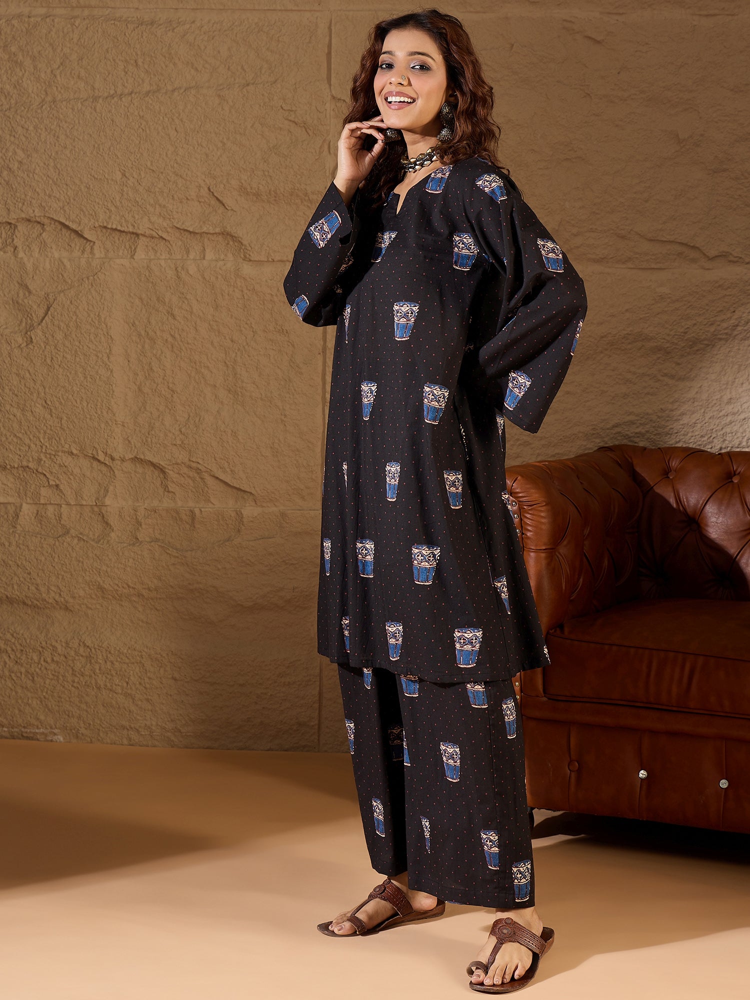 Black Glass Print Long Sleeve Kurta Set