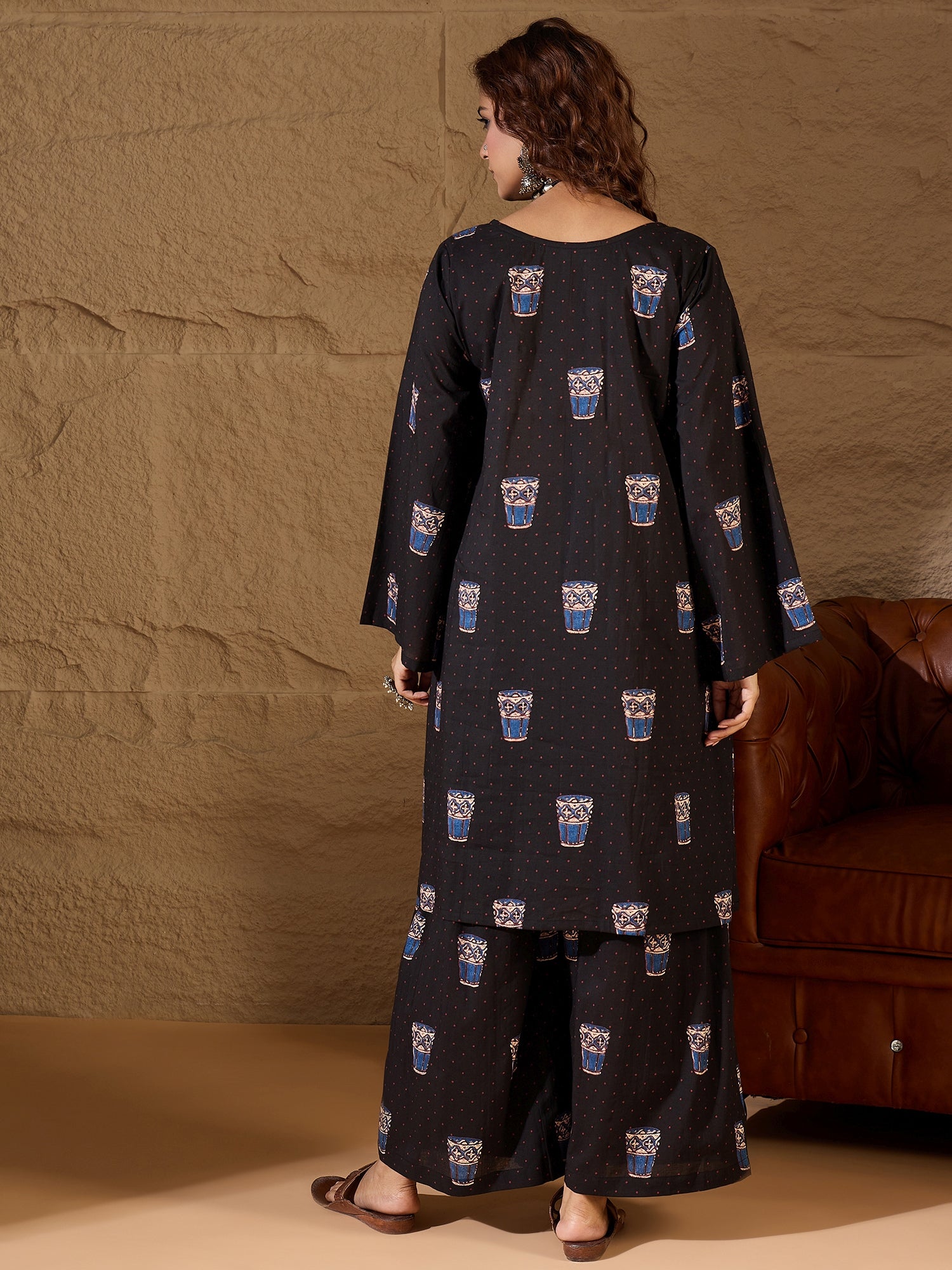 Black Glass Print Long Sleeve Kurta Set
