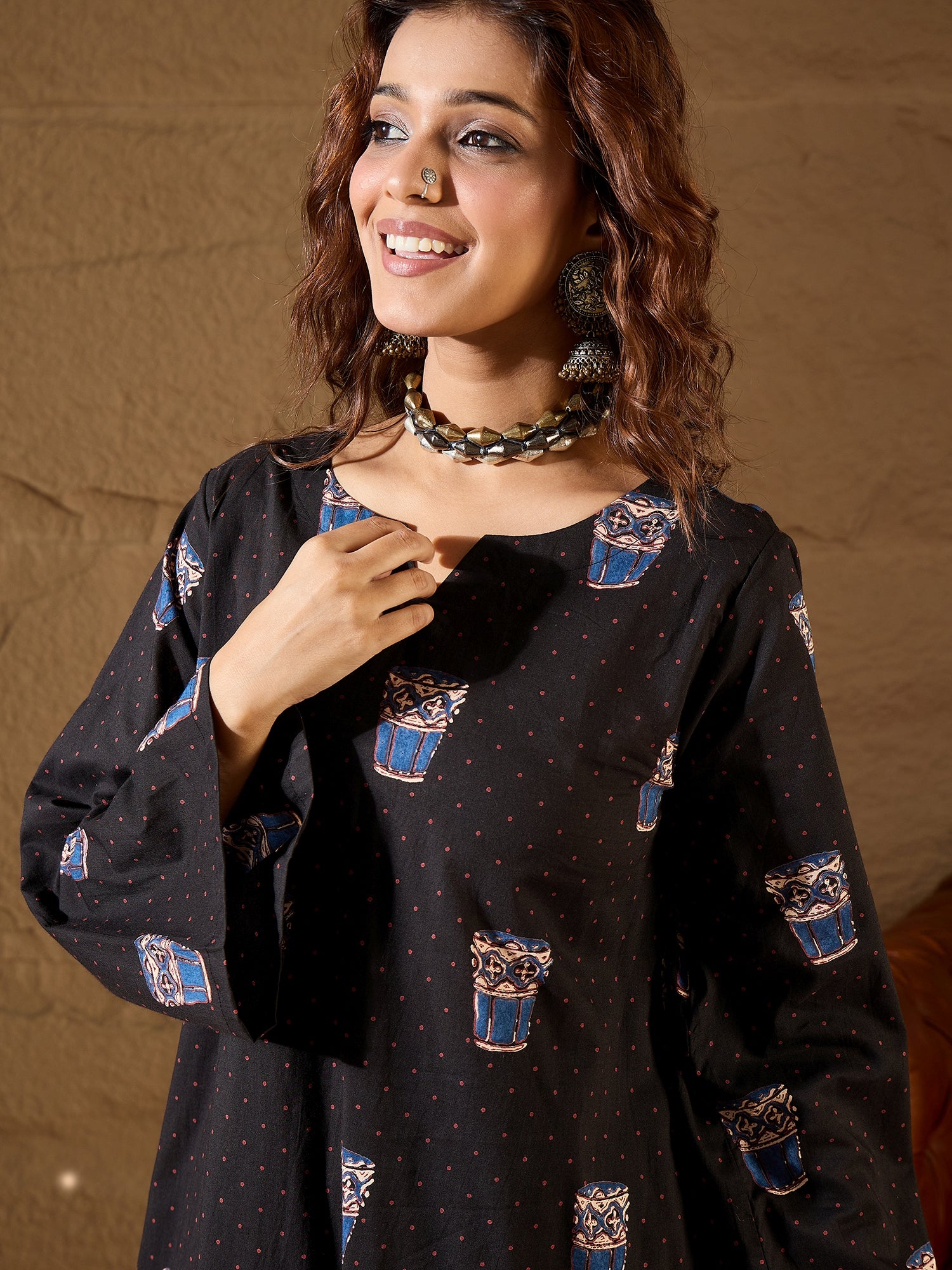 Black Glass Print Long Sleeve Kurta Set