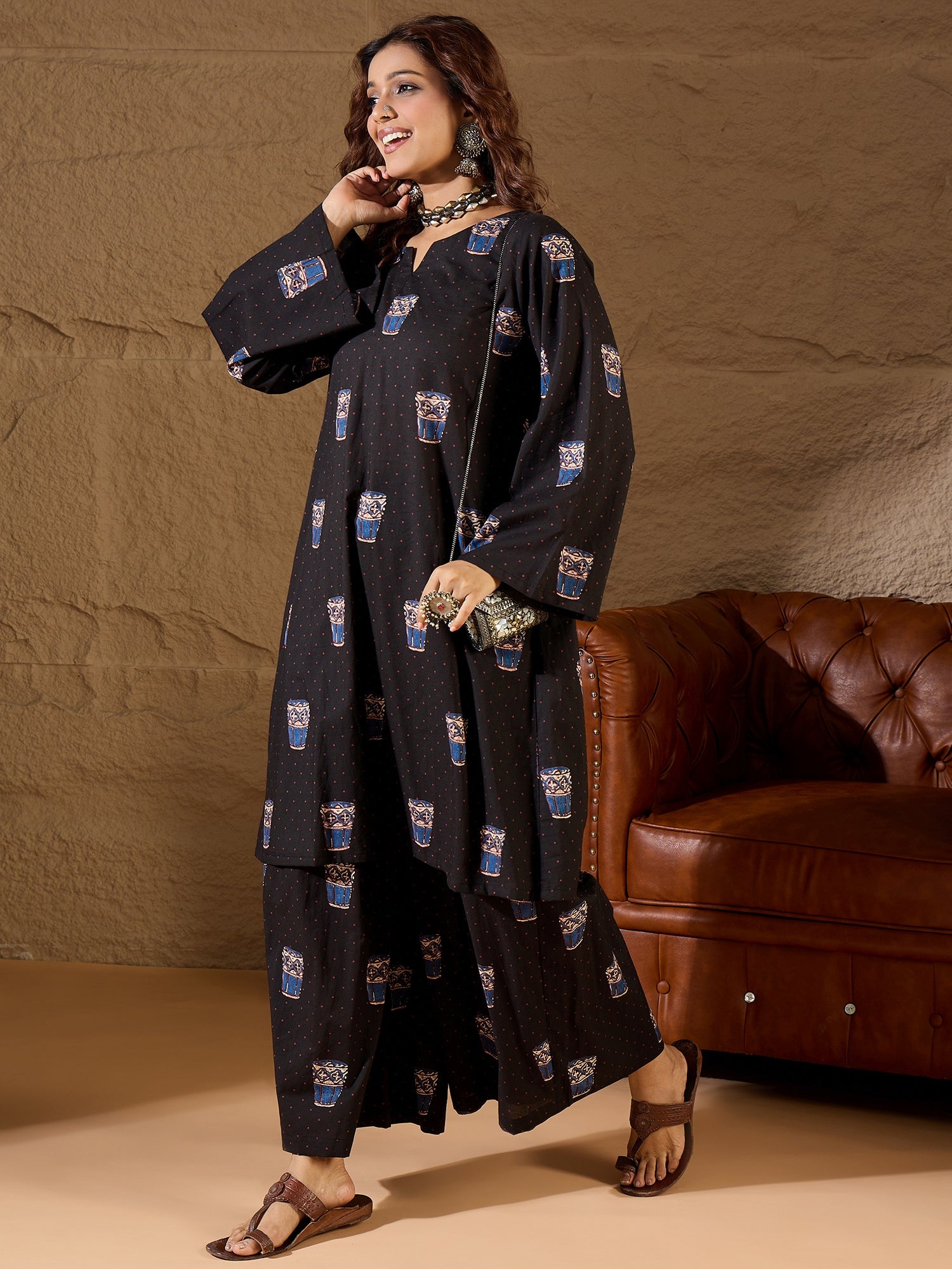 Black Glass Print Long Sleeve Kurta Set