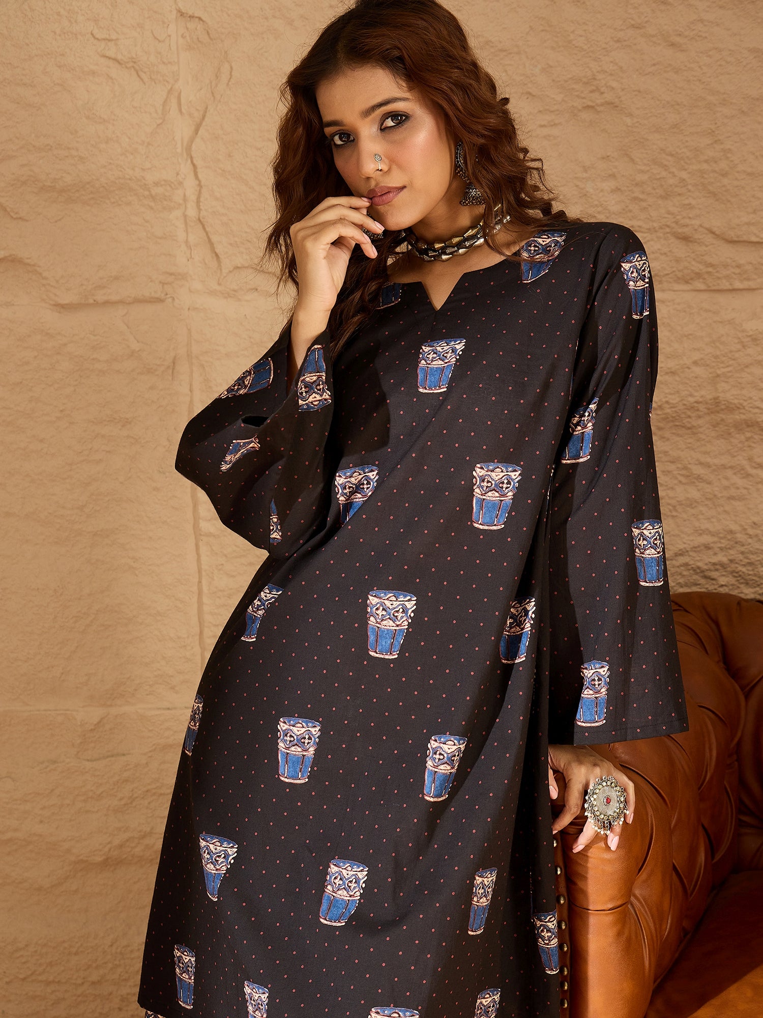 Black Glass Print Long Sleeve Kurta Set