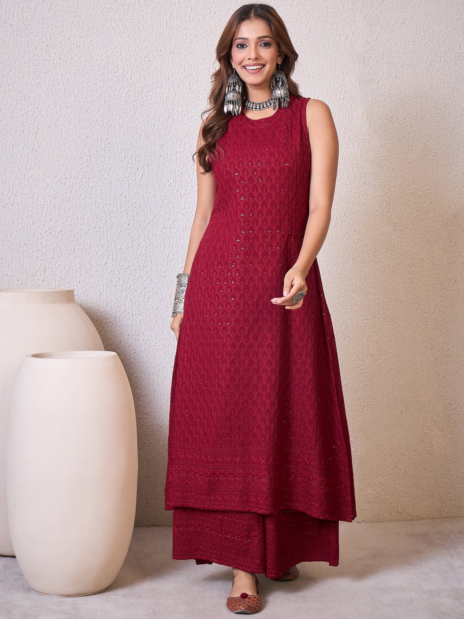 Maroon Chikankari Halter Kurta Set