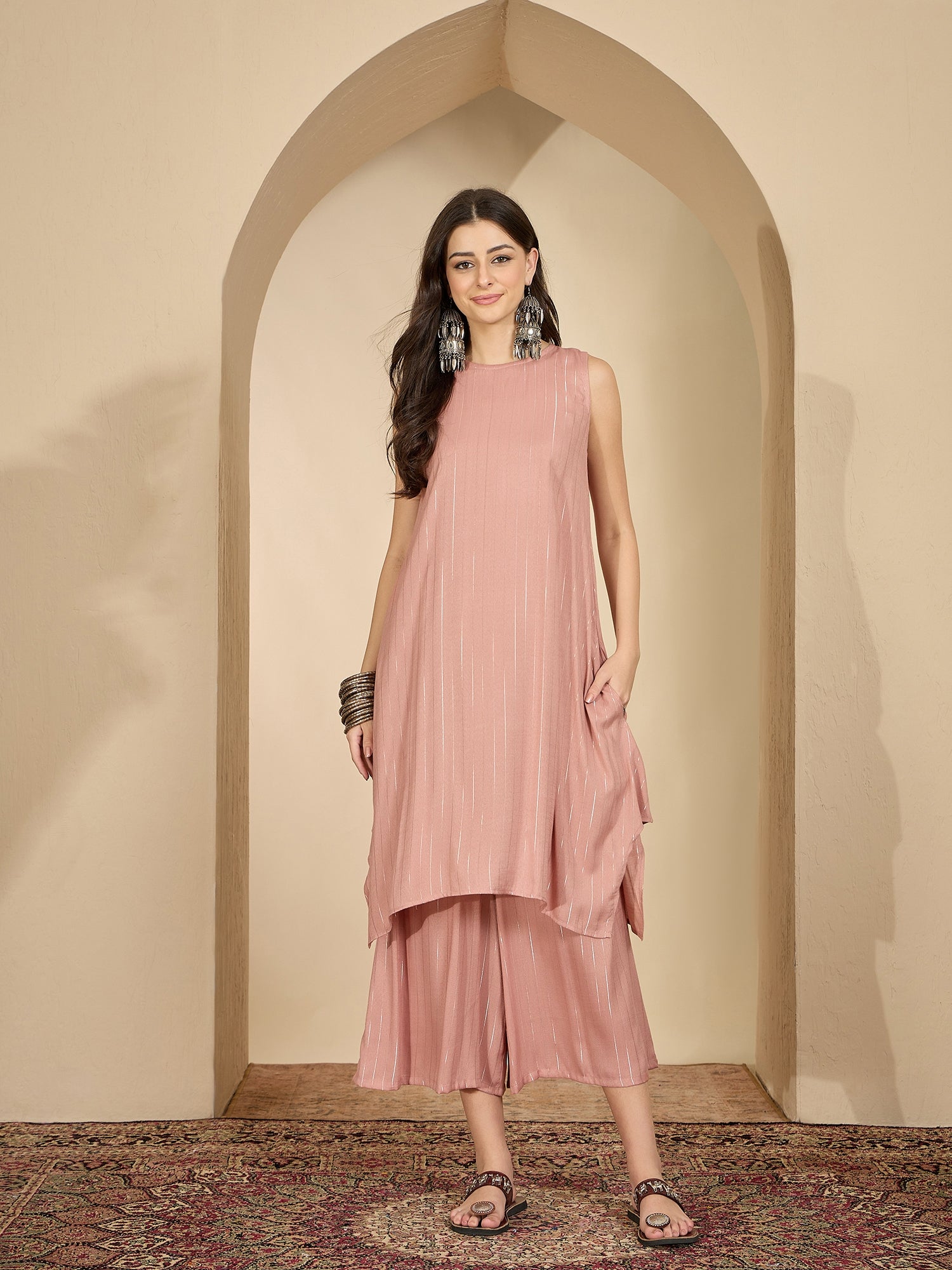 Pastel Coral Lurex Round Neck Kurta Set