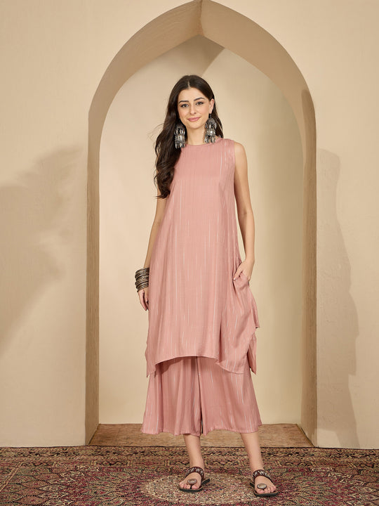 Pastel Coral Lurex Round Neck Kurta Set