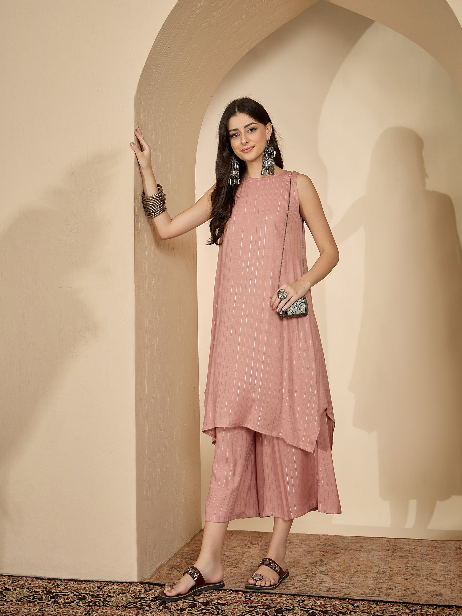 Pastel Coral Lurex Round Neck Kurta Set