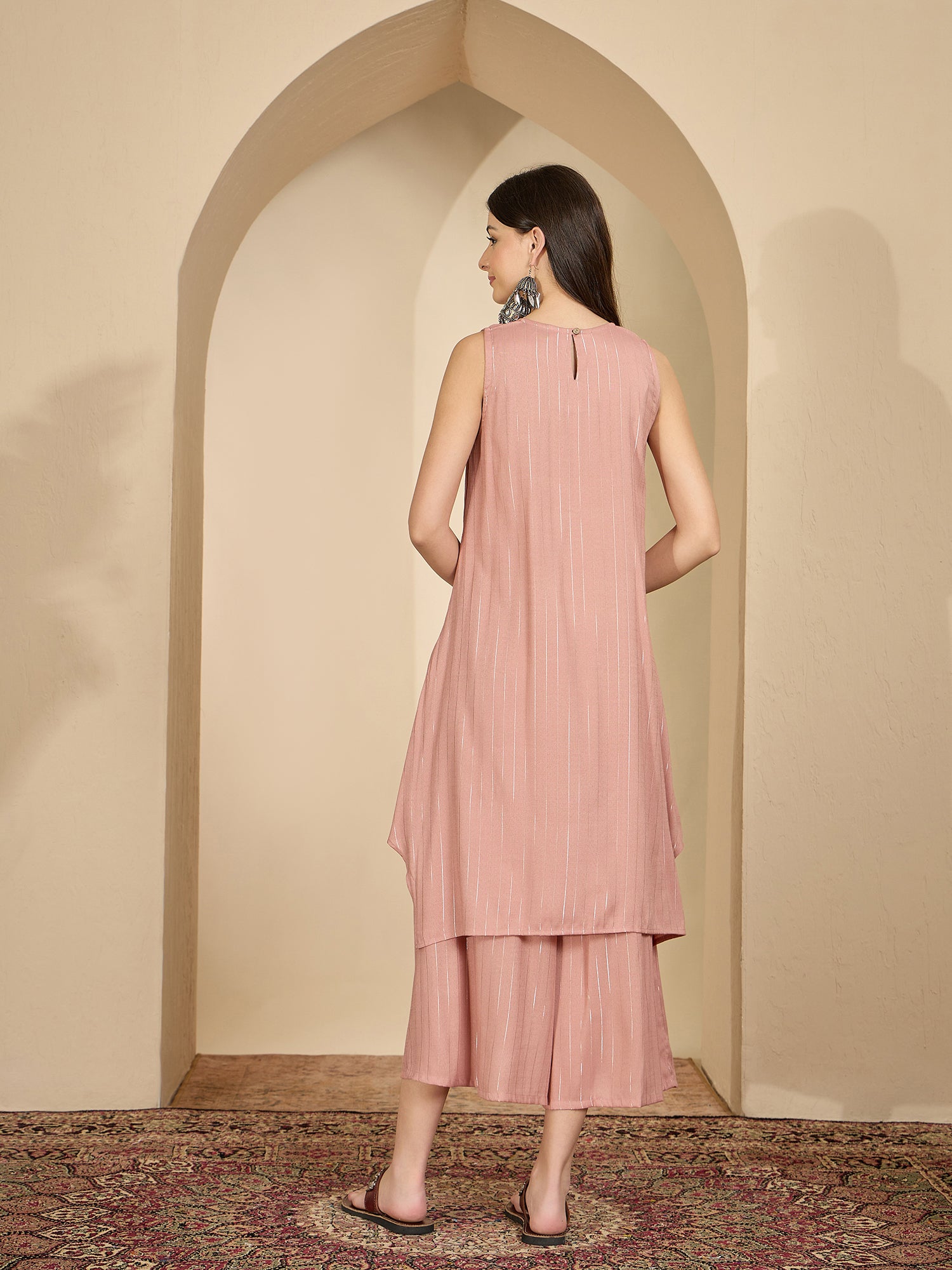 Pastel Coral Lurex Round Neck Kurta Set