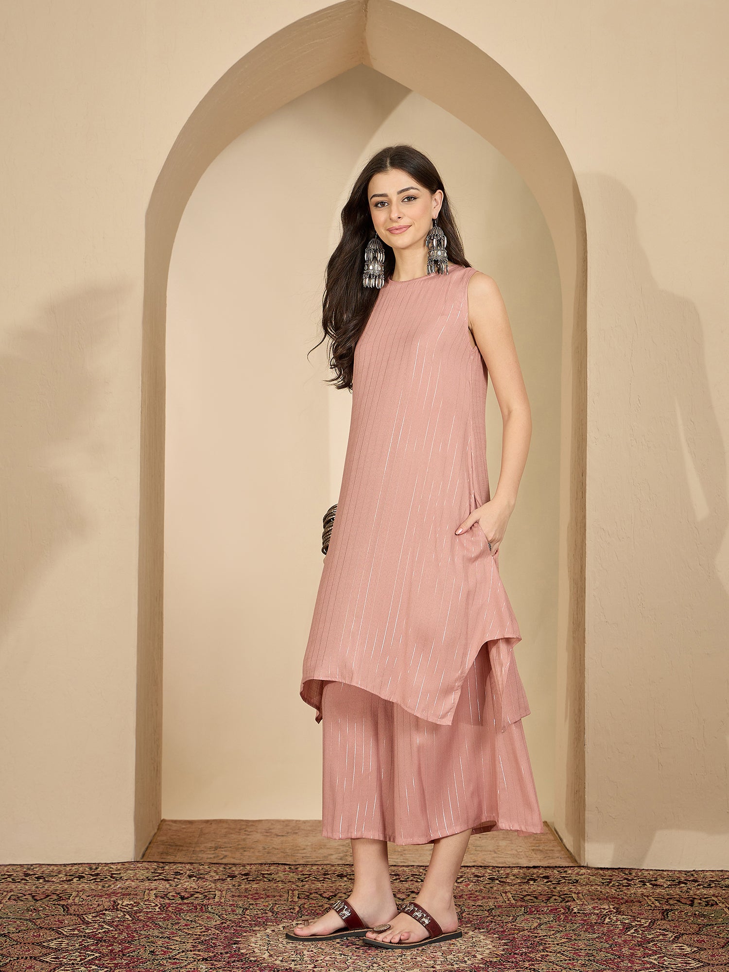 Pastel Coral Lurex Round Neck Kurta Set