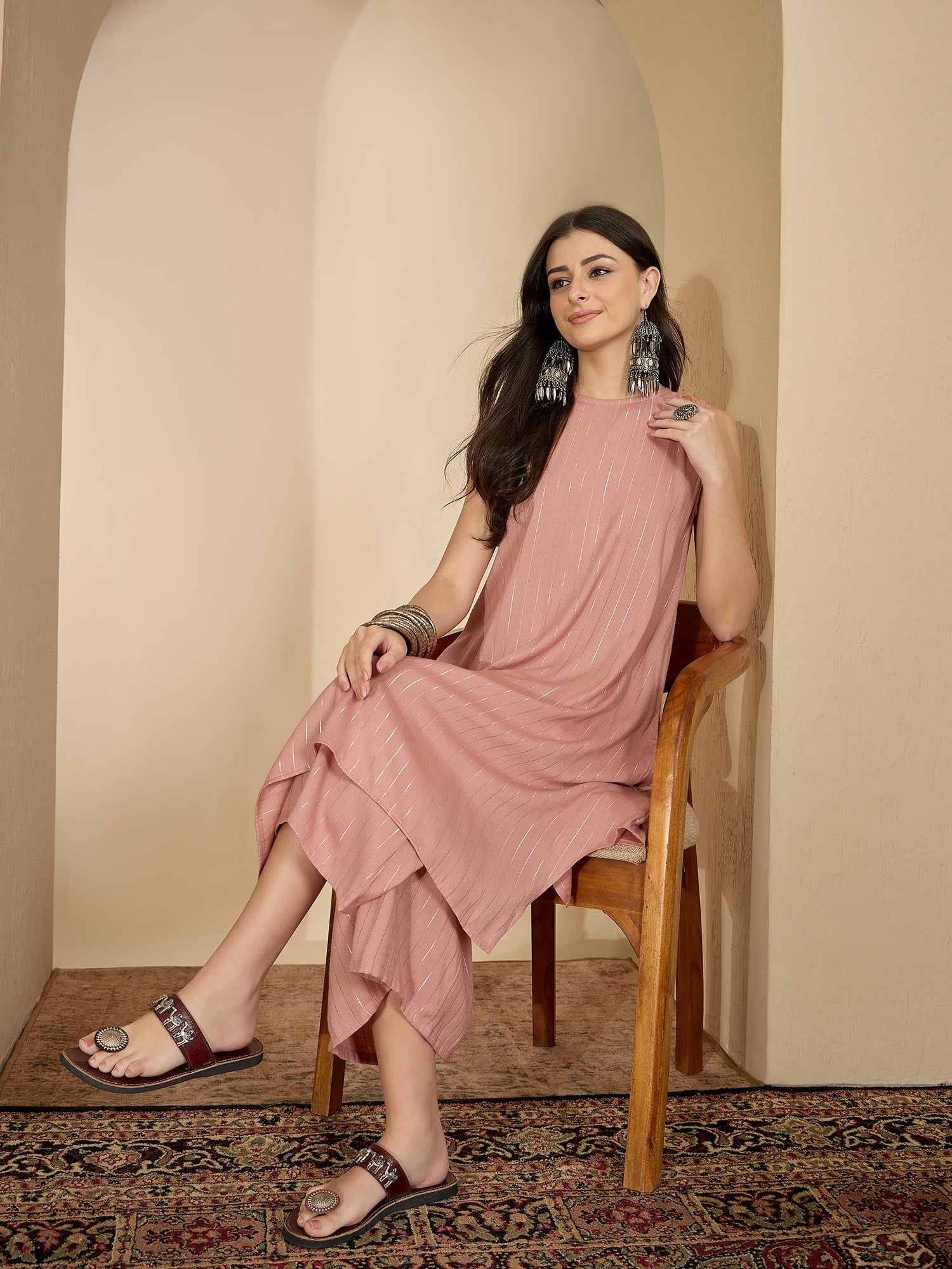 Pastel Coral Lurex Round Neck Kurta Set
