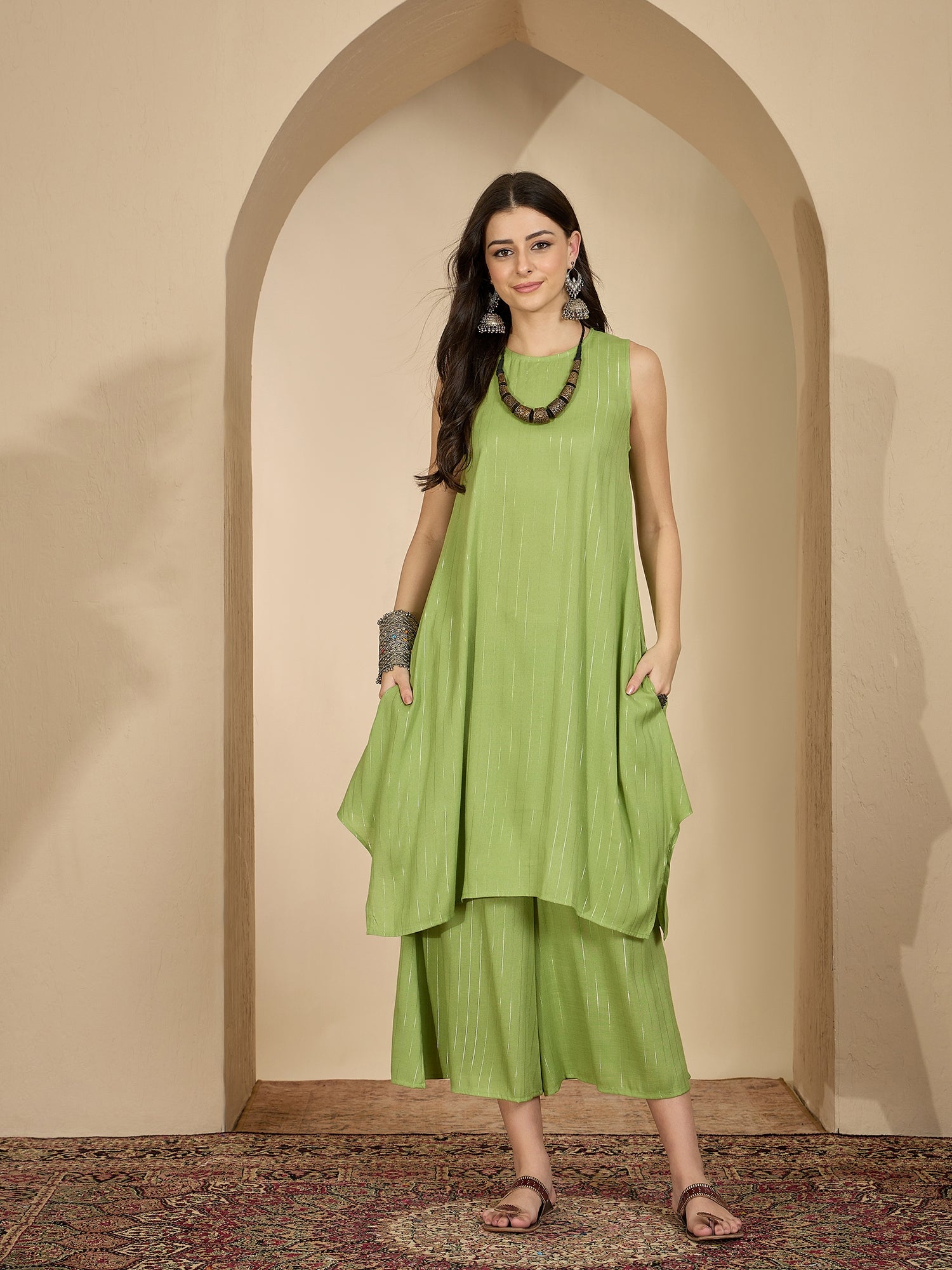 Sheen Green Lurex Round Neck Kurta Set