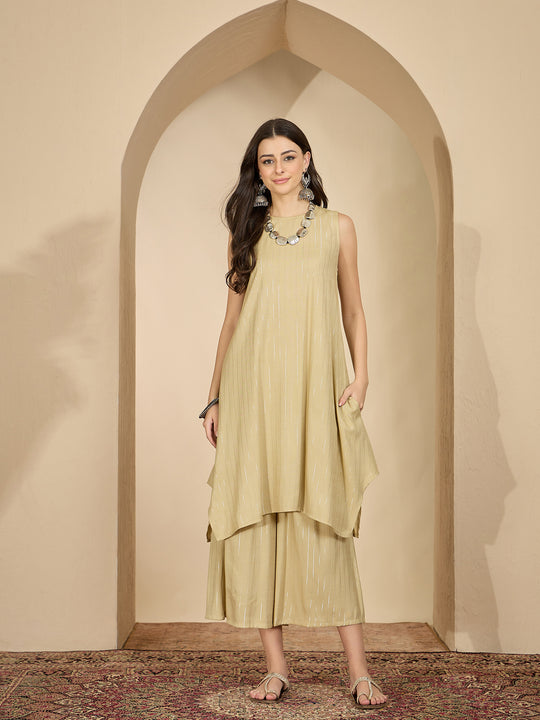 Beige Lurex Round Neck Kurta Set