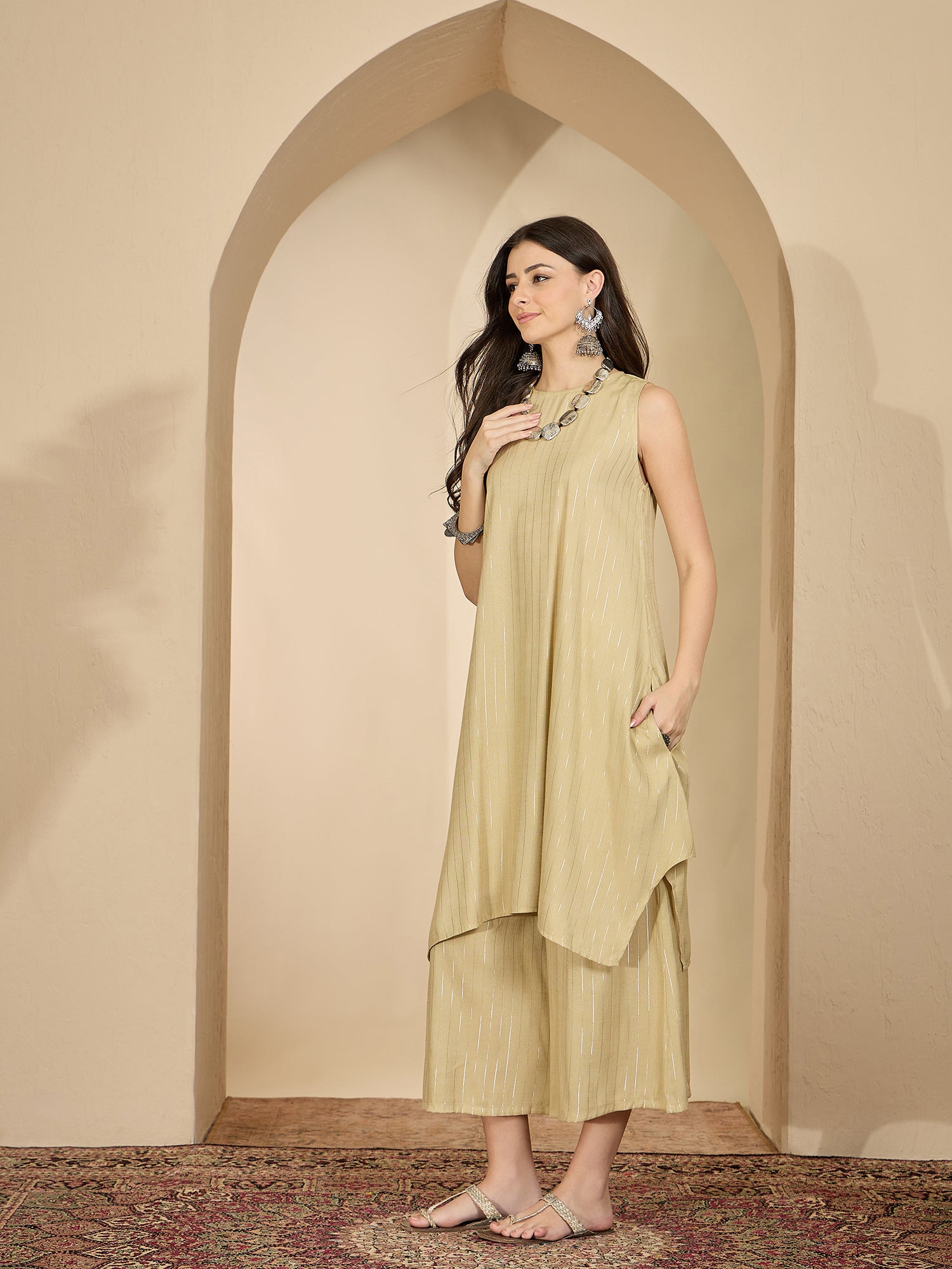 Beige Lurex Round Neck Kurta Set