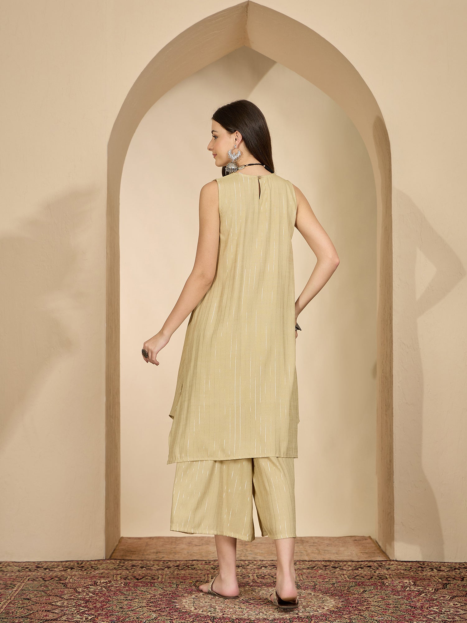 Beige Lurex Round Neck Kurta Set