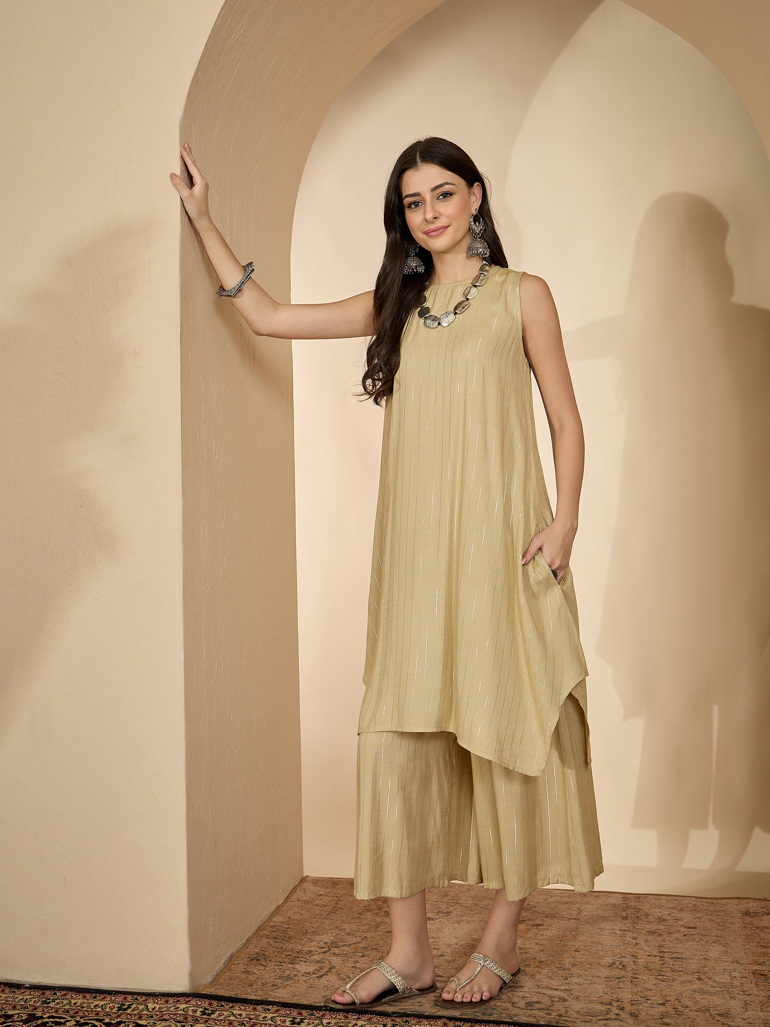 Beige Lurex Round Neck Kurta Set