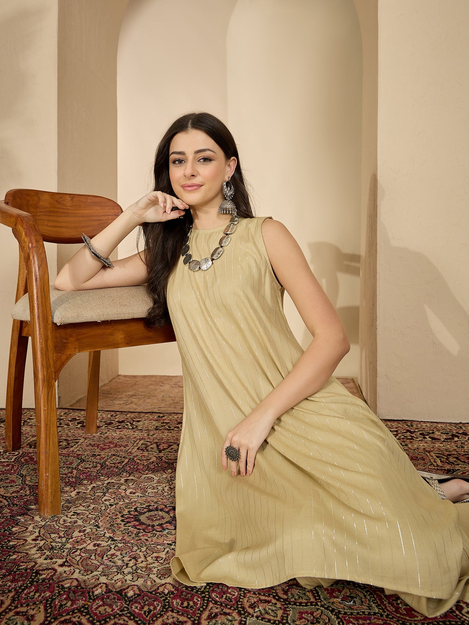 Beige Lurex Round Neck Kurta Set