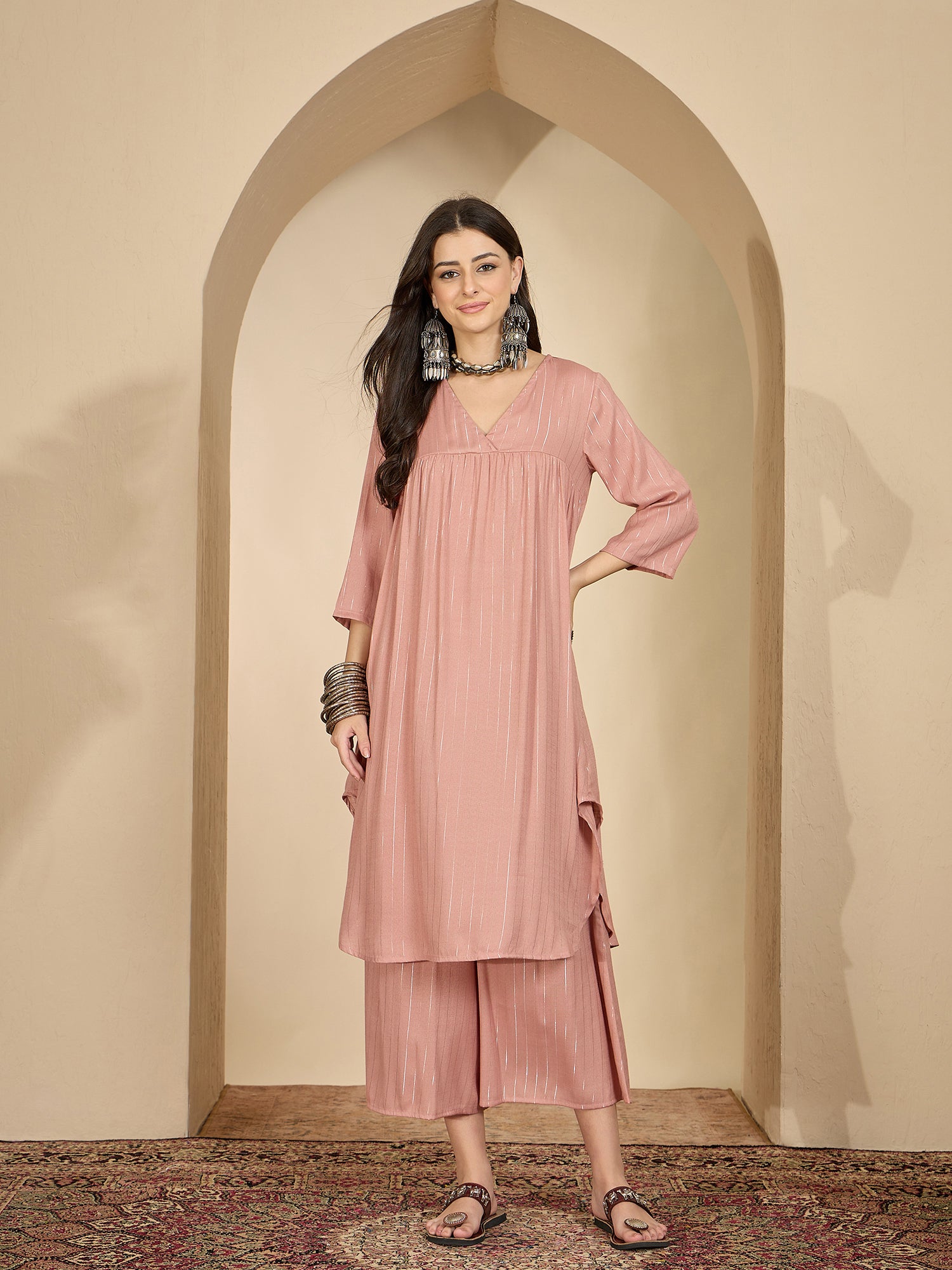 Pastel Coral Lurex V Neck Kurta Set