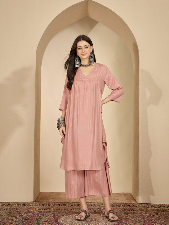Pastel Coral Lurex V Neck Kurta Set