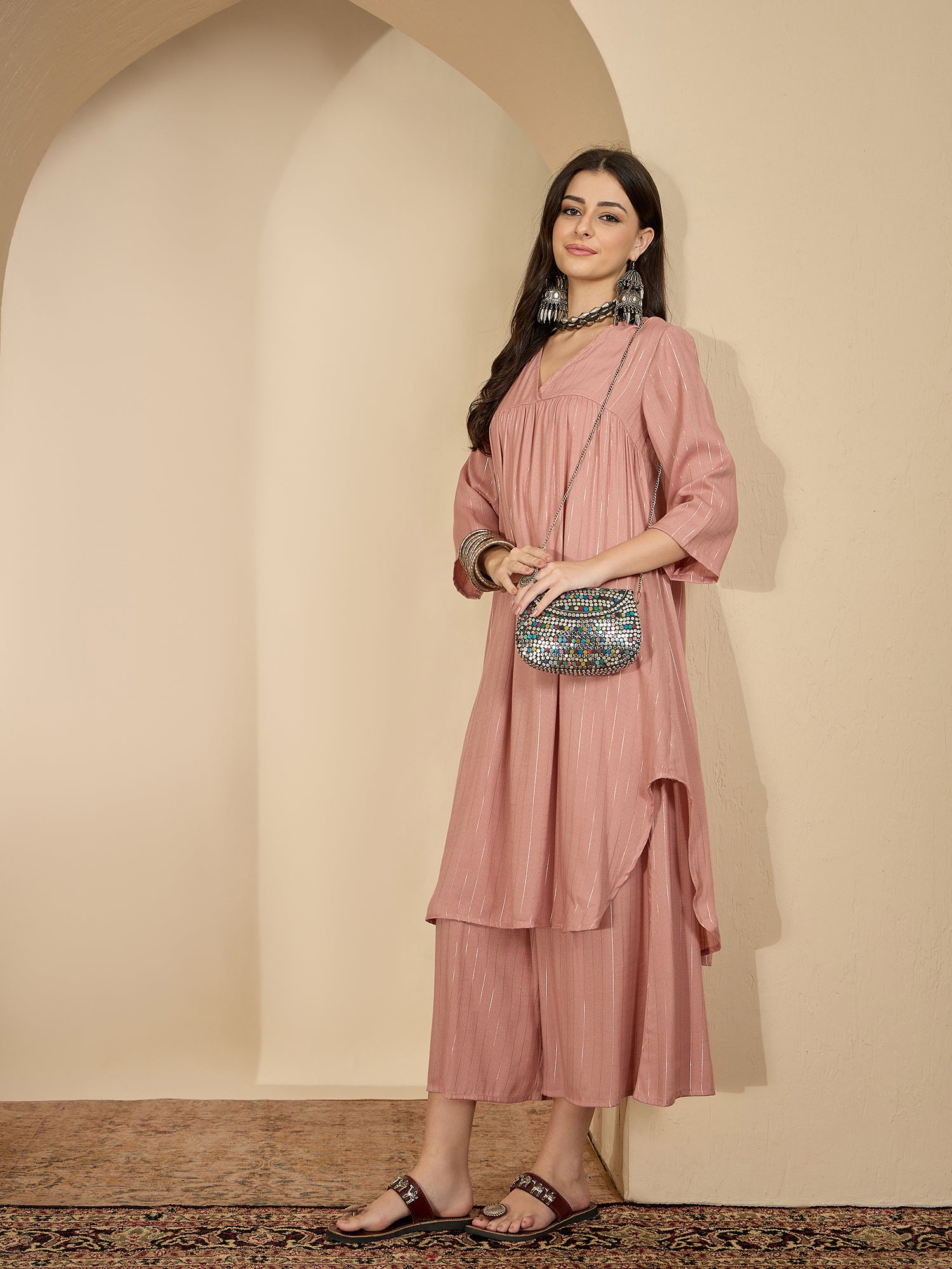 Pastel Coral Lurex V Neck Kurta Set