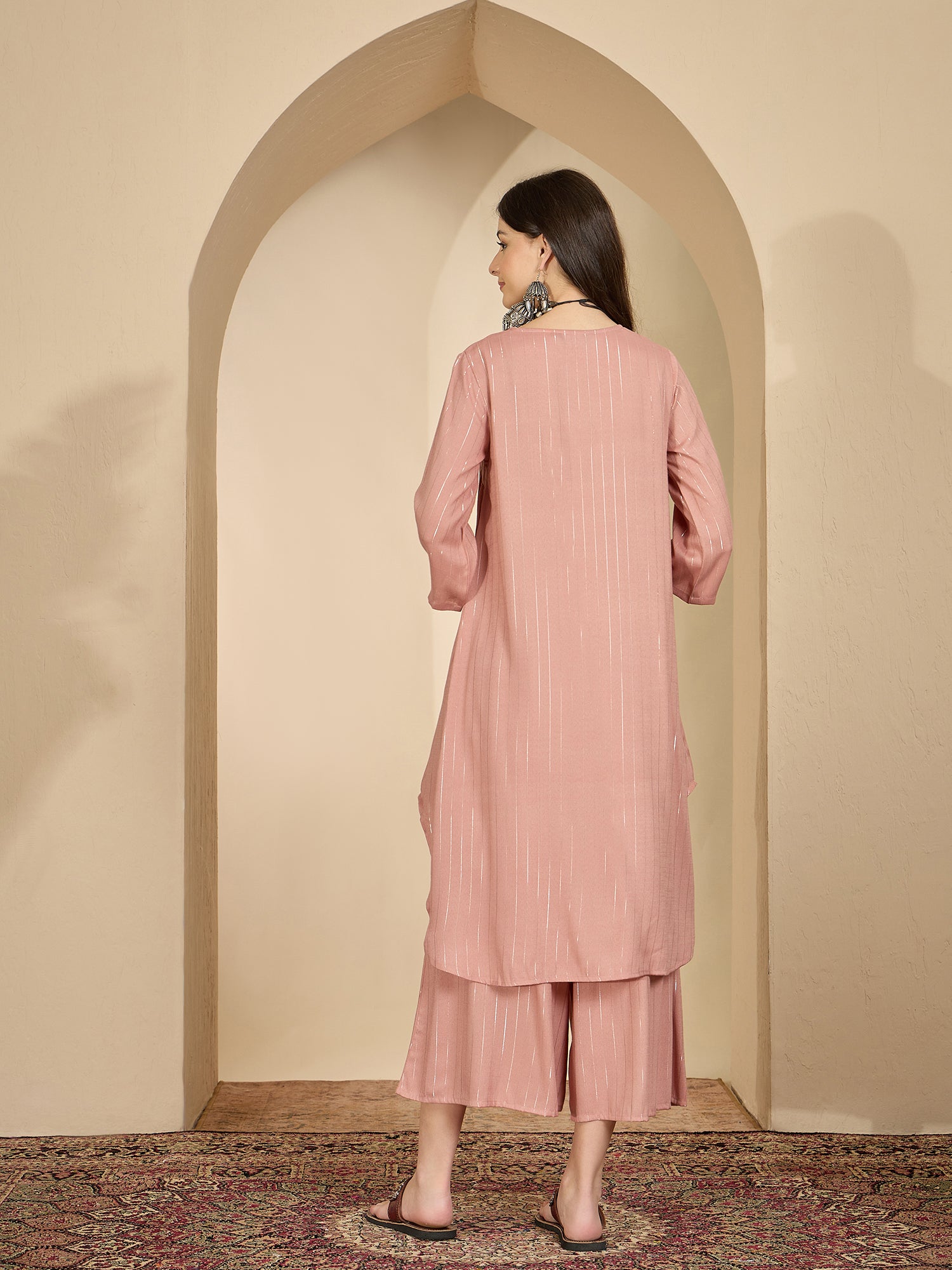 Pastel Coral Lurex V Neck Kurta Set