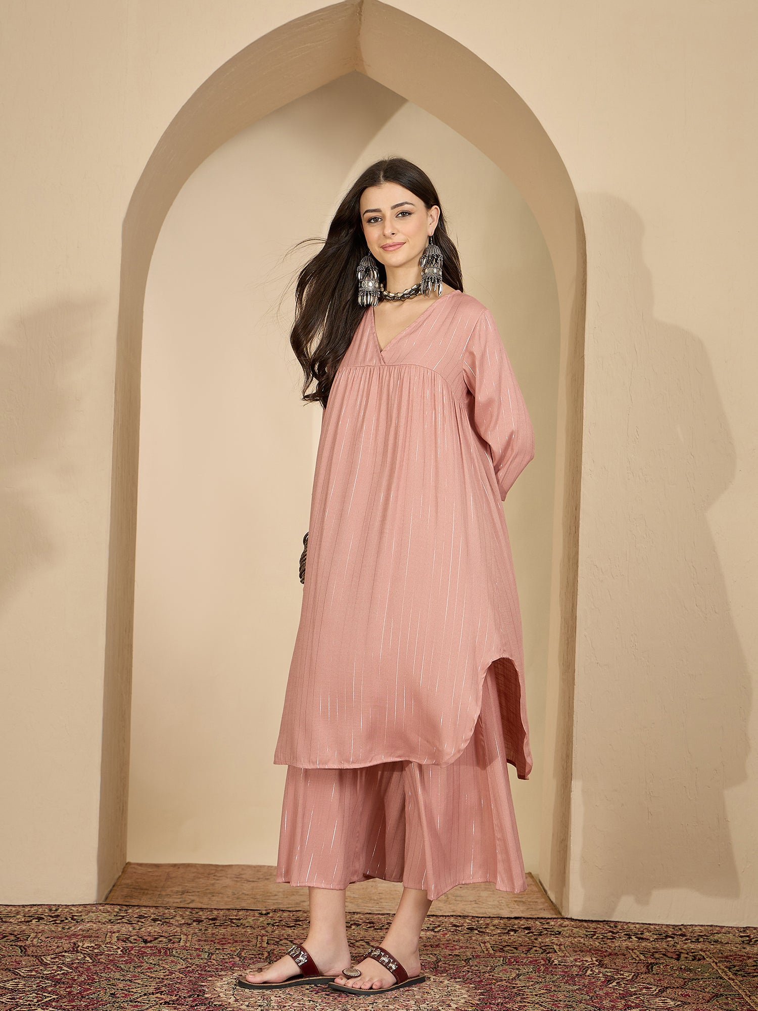 Pastel Coral Lurex V Neck Kurta Set