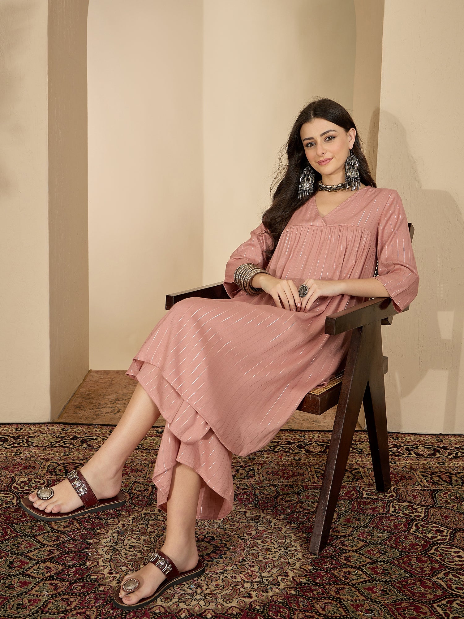 Pastel Coral Lurex V Neck Kurta Set