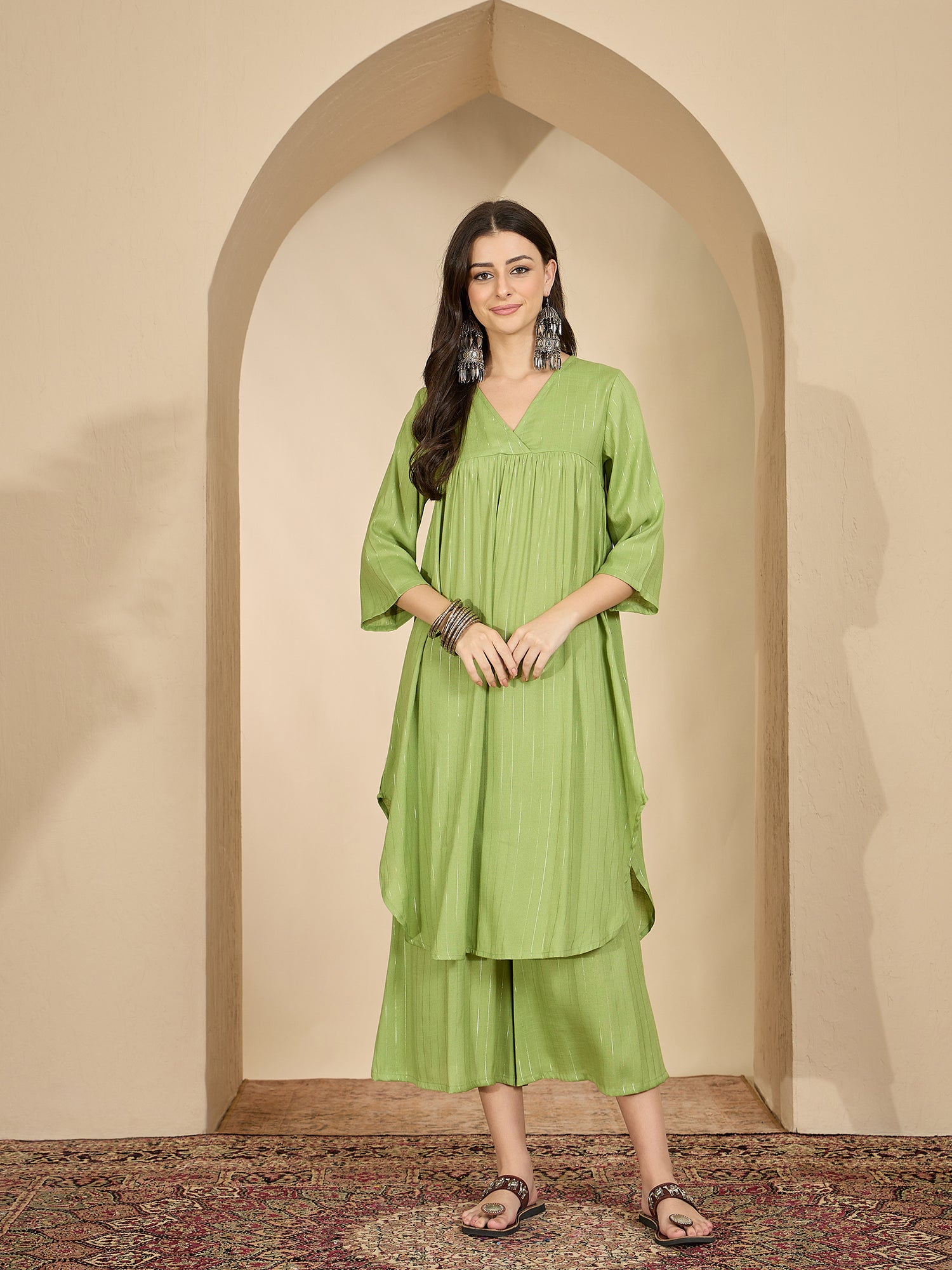 Sheen Green Lurex V Neck Kurta Set