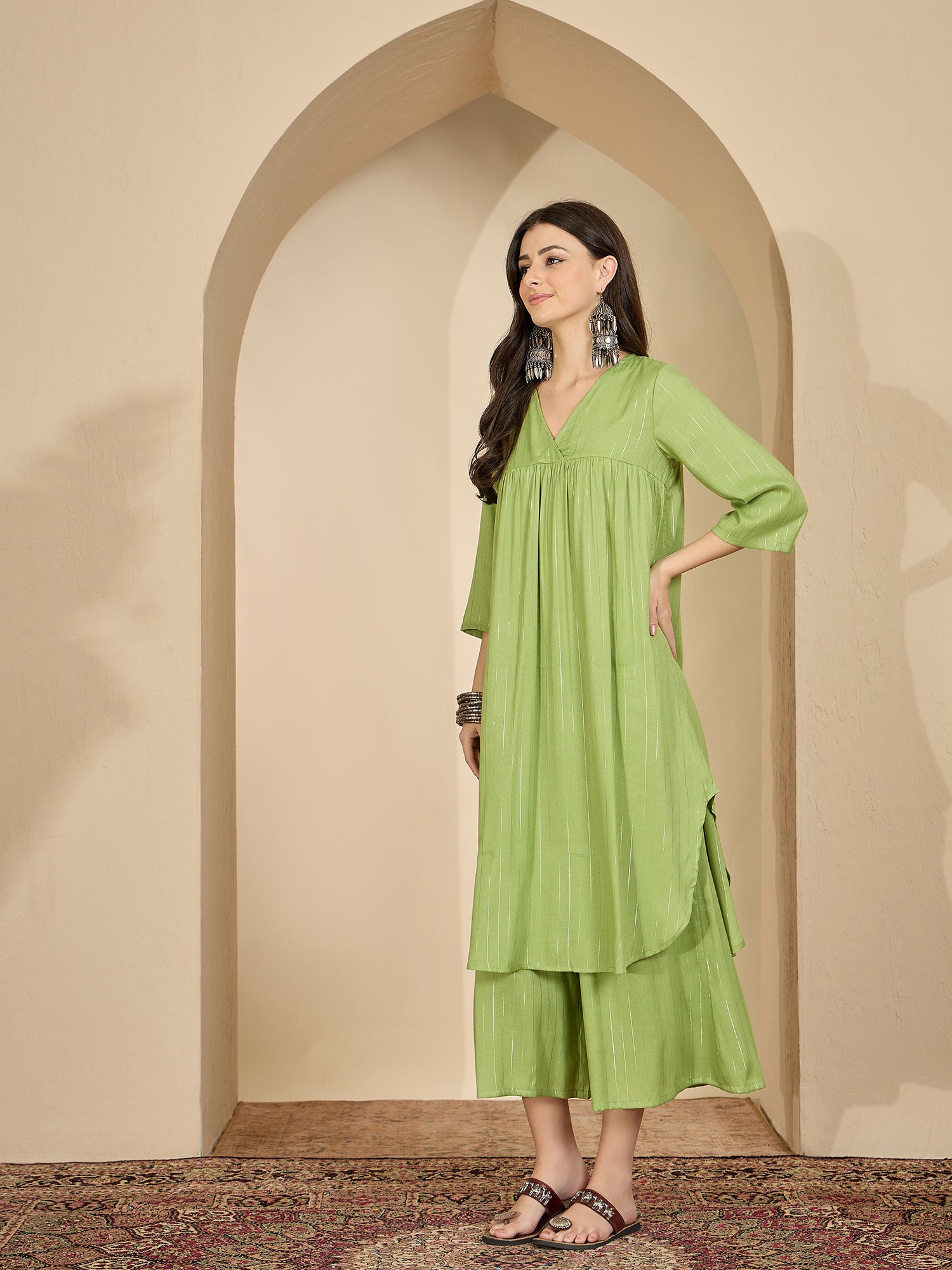 Sheen Green Lurex V Neck Kurta Set