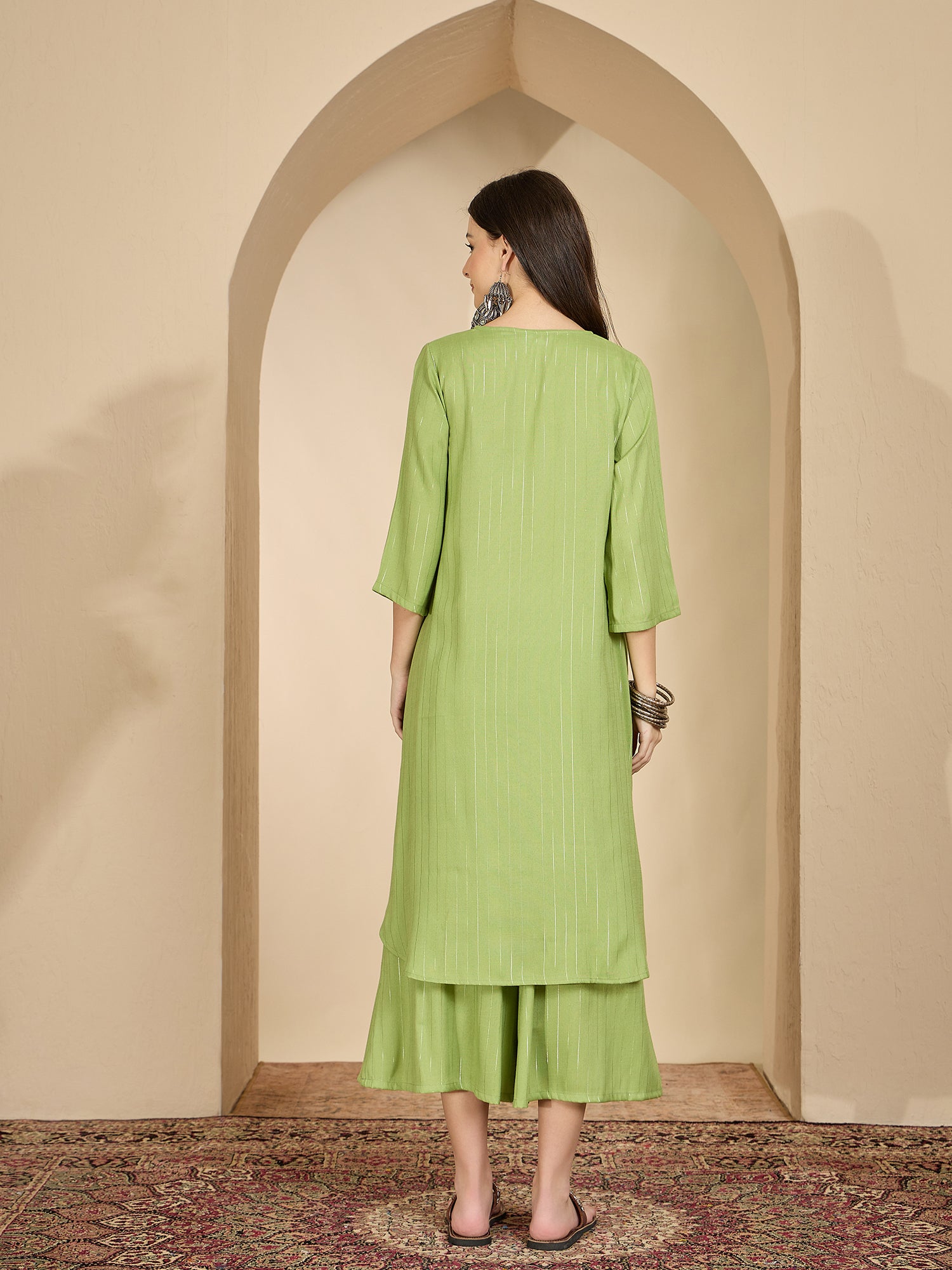 Sheen Green Lurex V Neck Kurta Set