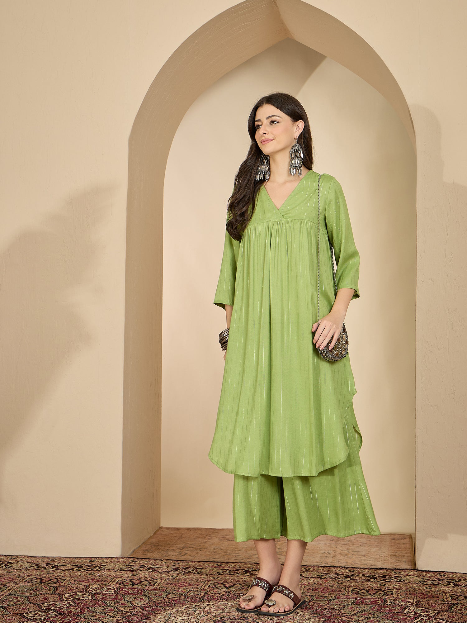 Sheen Green Lurex V Neck Kurta Set