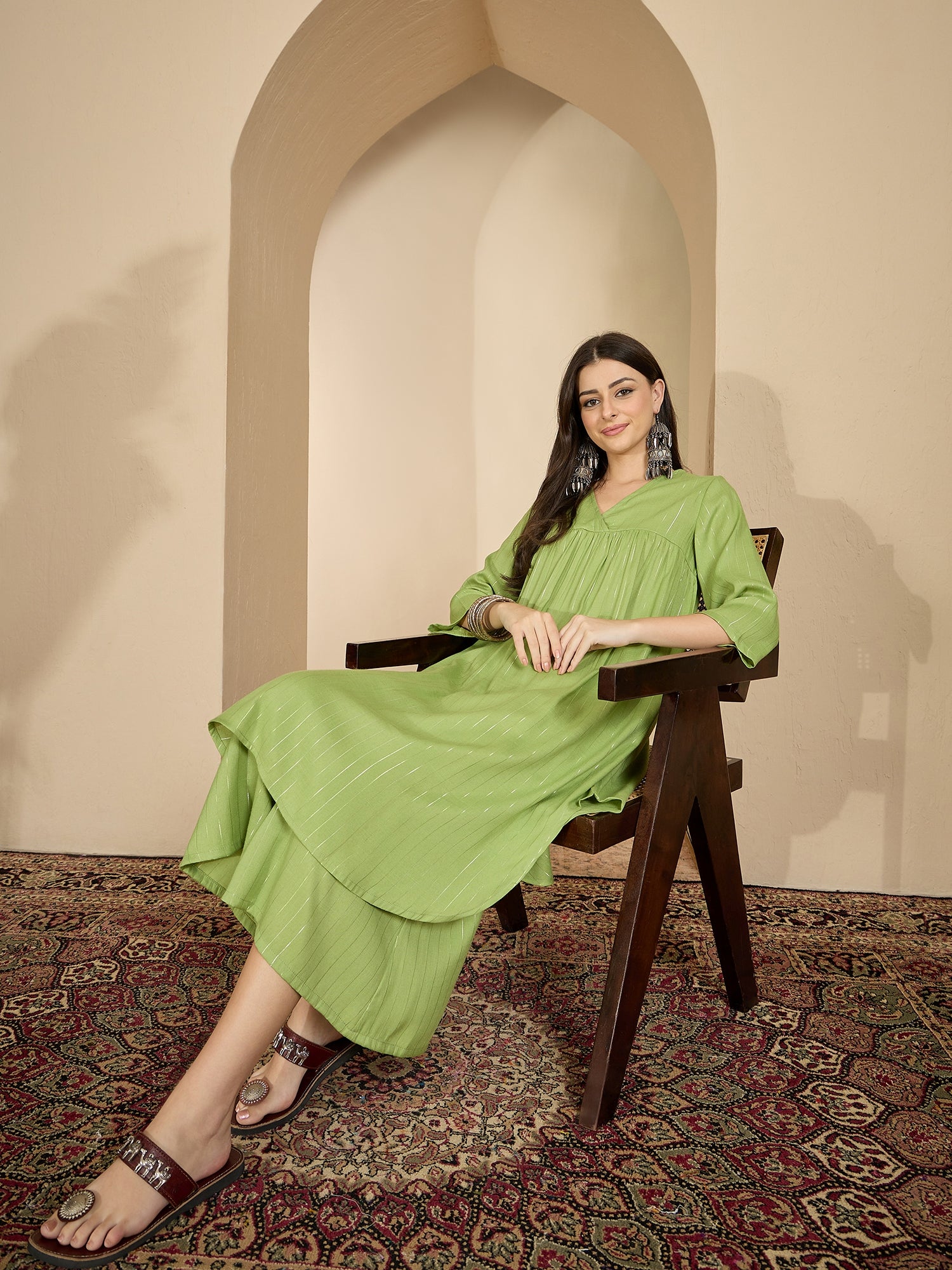 Sheen Green Lurex V Neck Kurta Set
