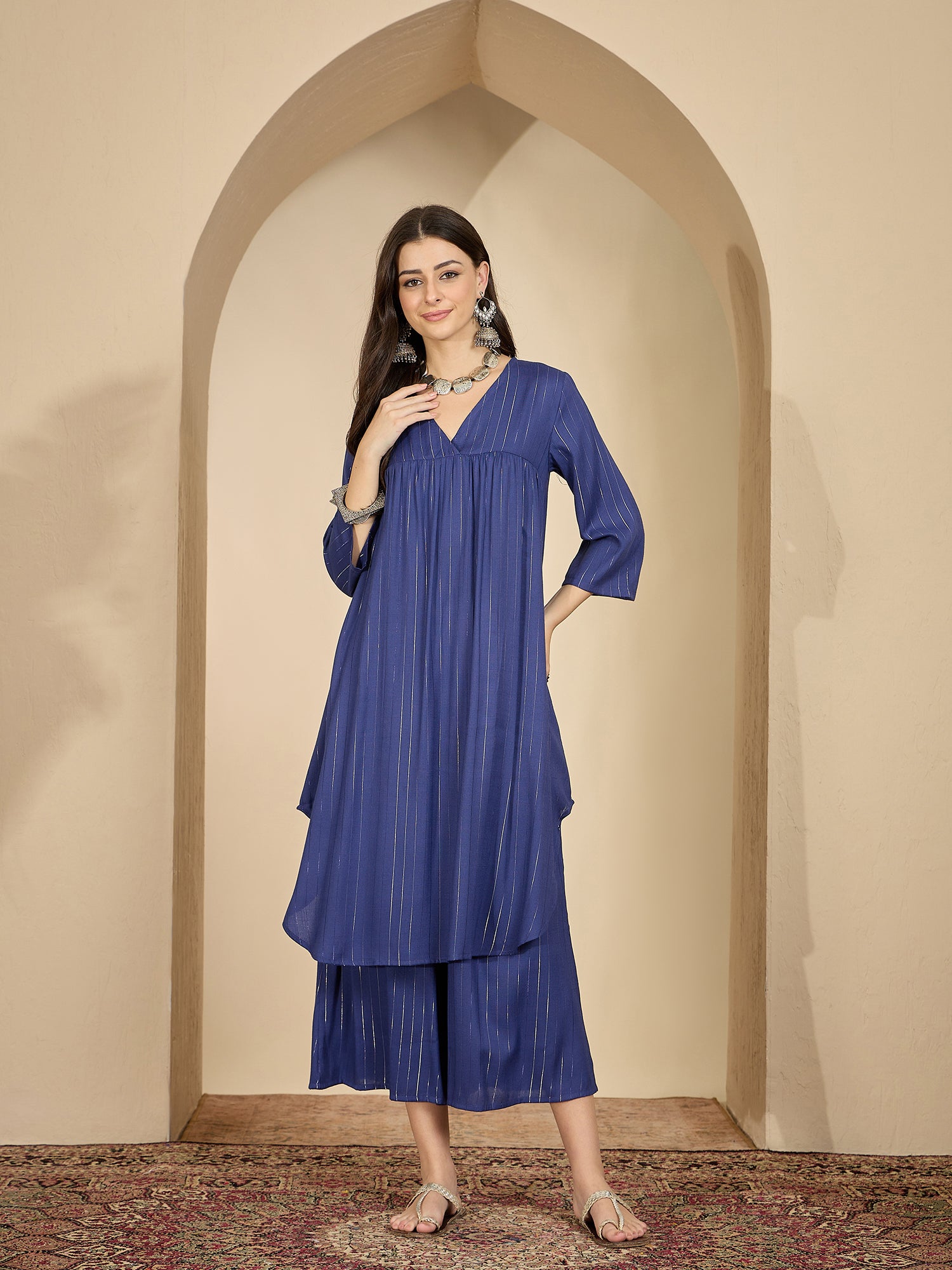 Royal Blue Lurex V Neck Kurta Set