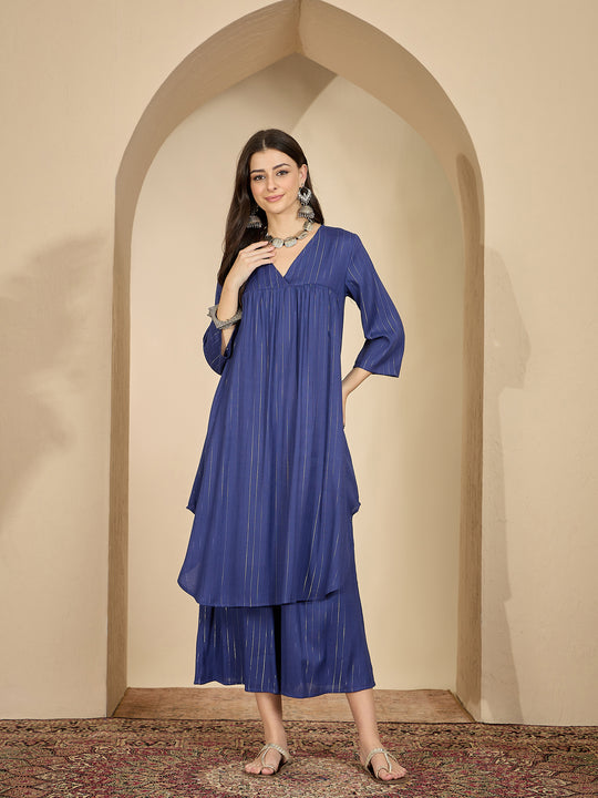 Royal Blue Lurex V Neck Kurta Set