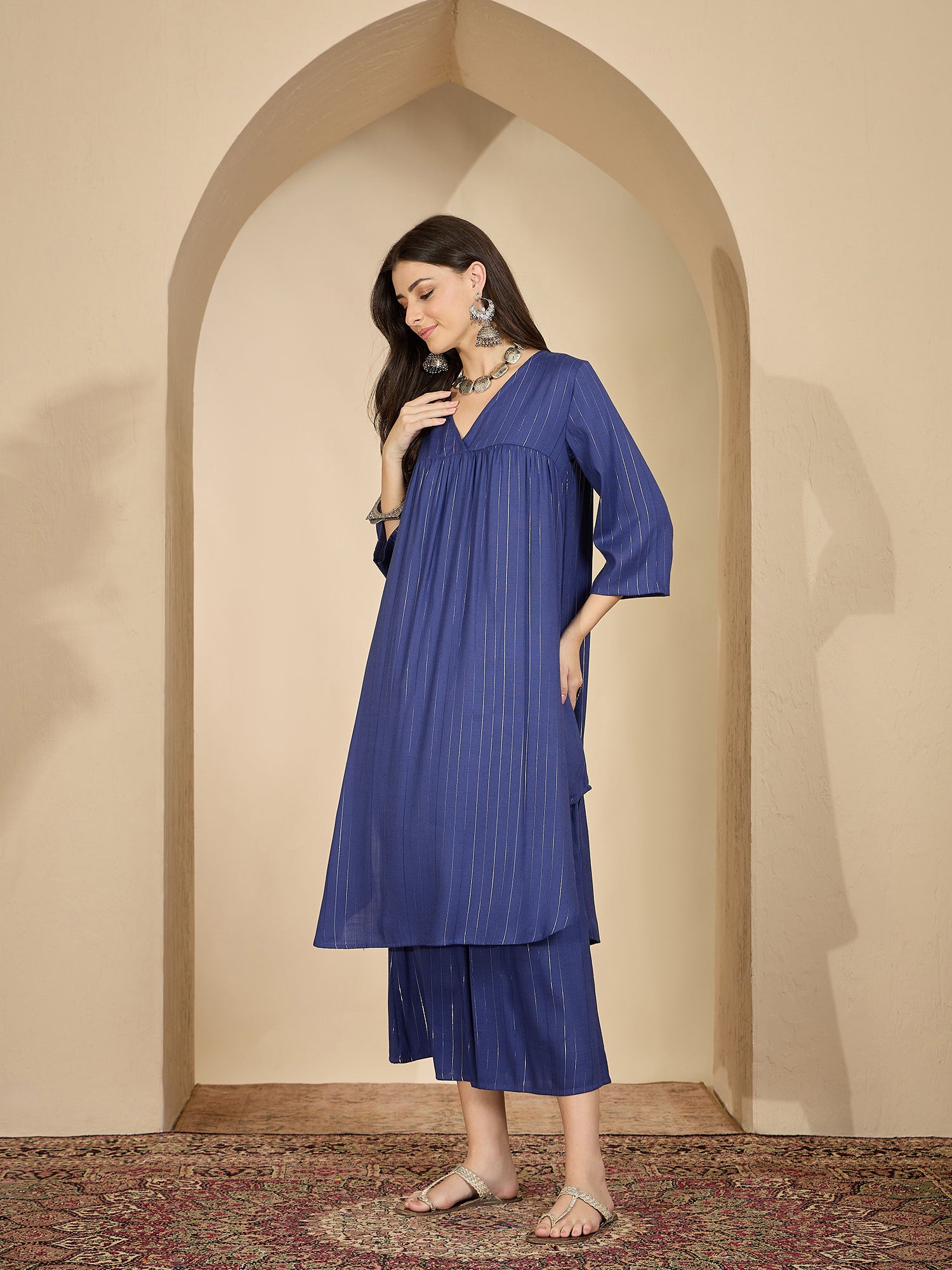 Royal Blue Lurex V Neck Kurta Set