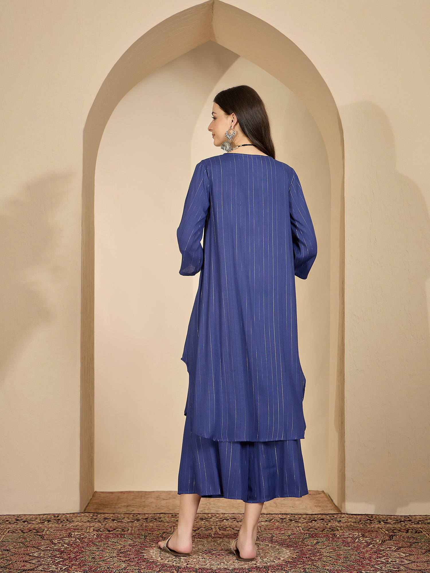 Royal Blue Lurex V Neck Kurta Set