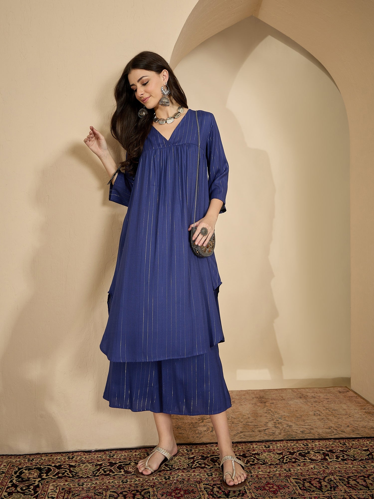 Royal Blue Lurex V Neck Kurta Set