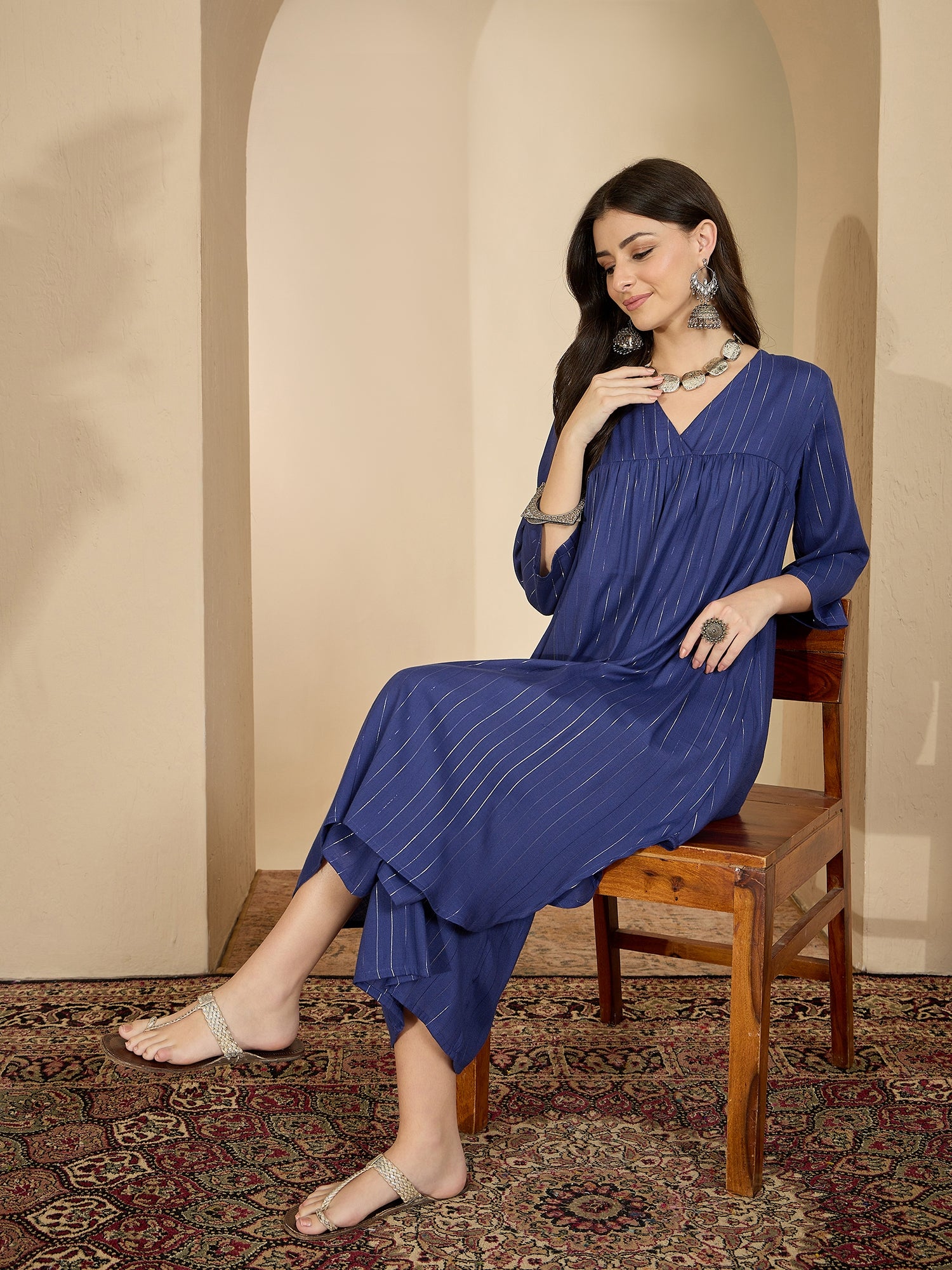 Royal Blue Lurex V Neck Kurta Set