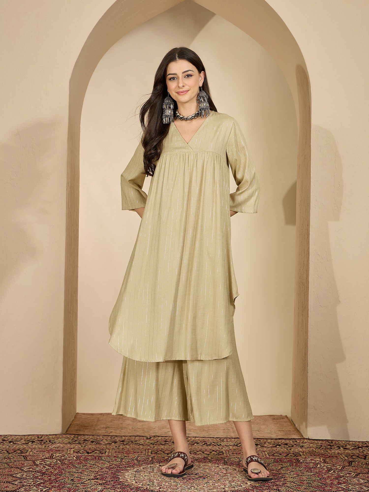 Beige Lurex V Neck Kurta Set